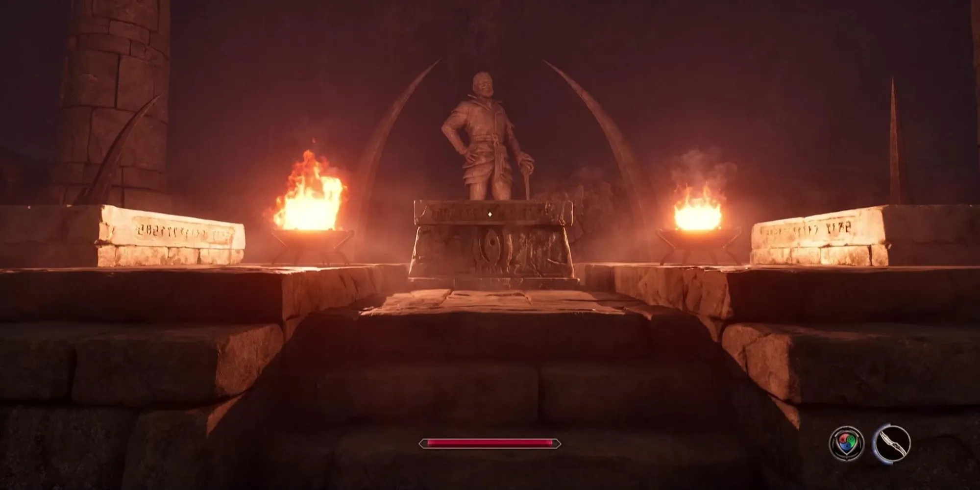 Cảnh trong Oblivion Remastered với hai quan tài đá bên bệ thờ và bức tượng ở hậu cảnh
