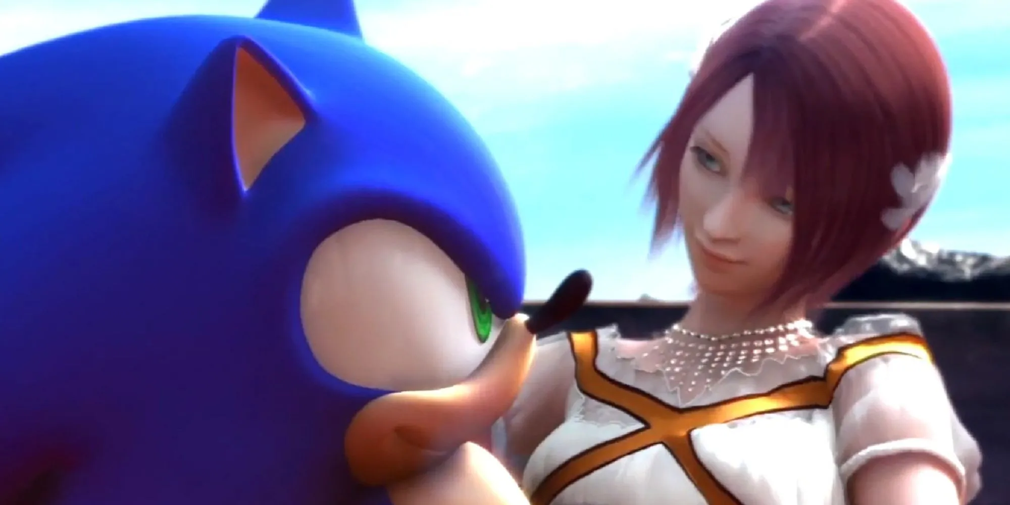 Công chúa Elise, một cô gái loài người tóc vàng với chiếc váy trắng, đang ôm lấy Sonic the Hedgehog, chú nhím xanh. Cả hai nhìn vào mắt nhau trong một khung cảnh lãng mạn, nhưng sự kết hợp này lại bị coi là kỳ lạ.