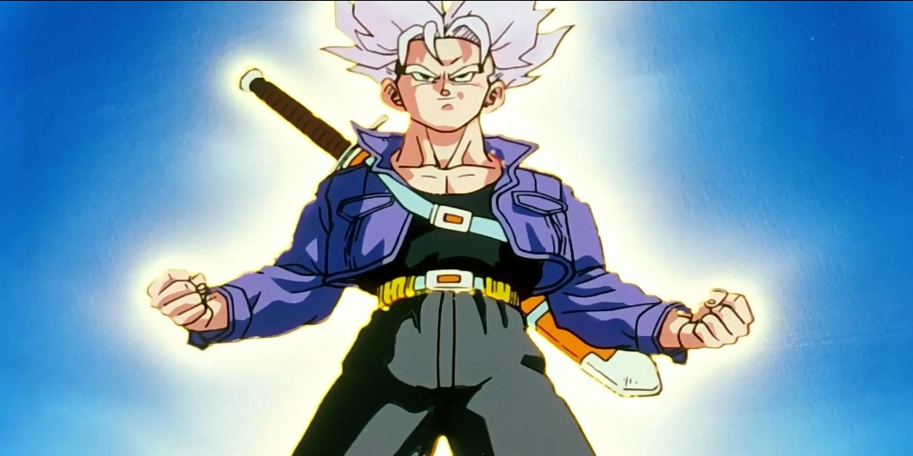 Future Trunks với trang phục biểu tượng: áo khoác xanh, áo ba lỗ đen, quần xám, kiếm đeo lưng