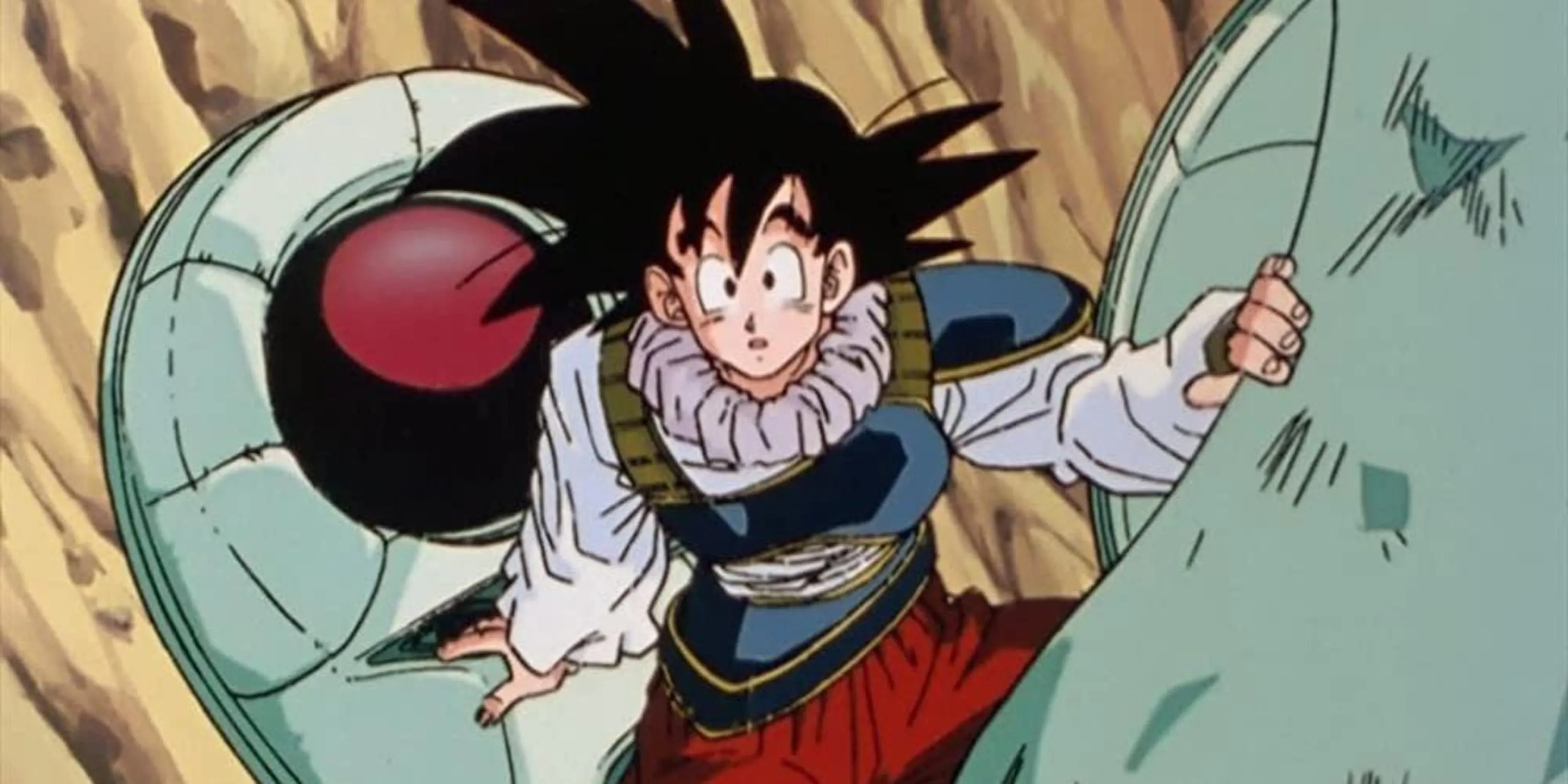 Goku mặc trang phục rộng thùng thình màu tím nhạt của người Yardrat