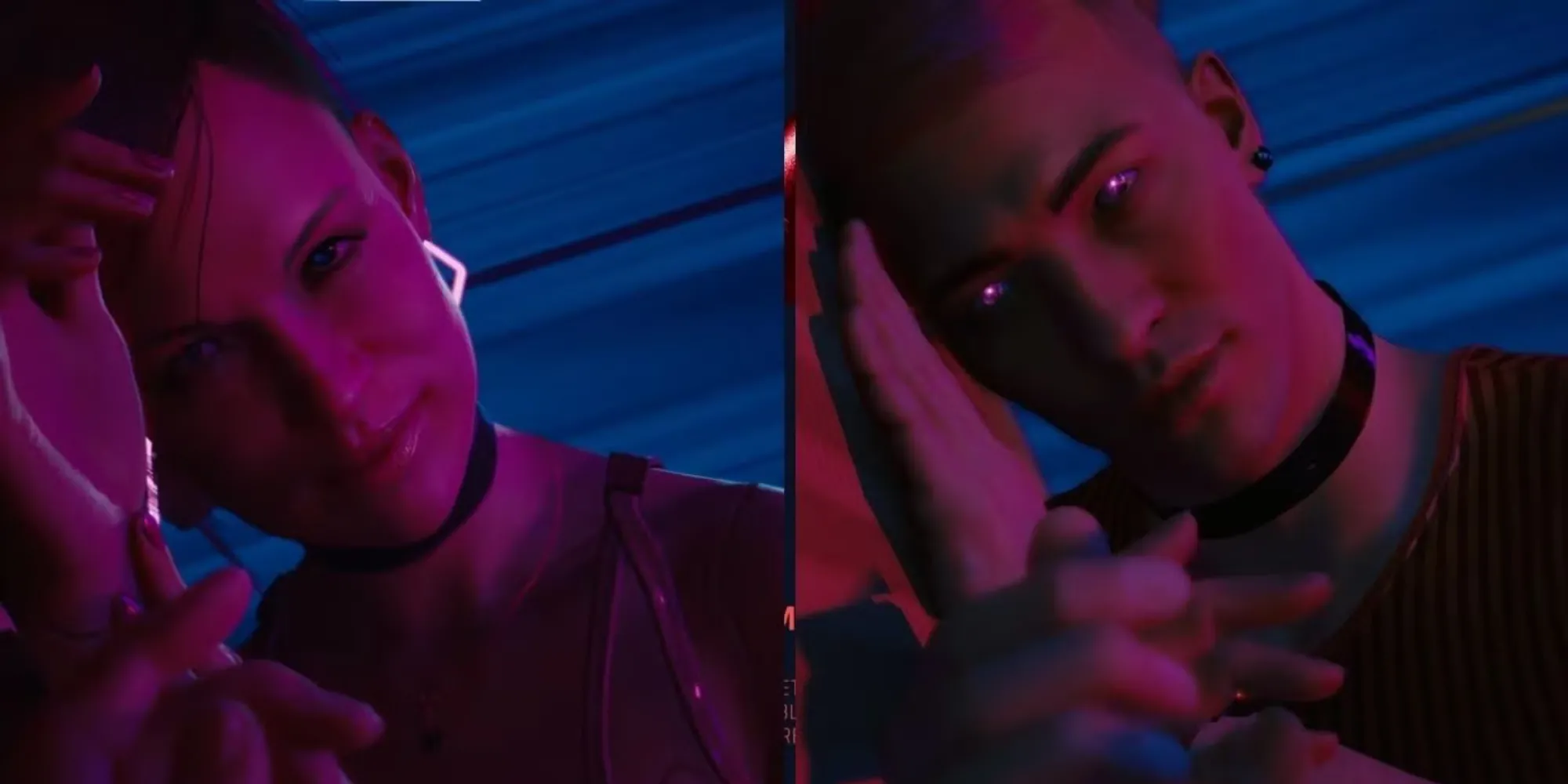 Hai nhân vật trong Cyberpunk 2077 ngồi trên ghế, một người có mái tóc hồng (có thể là Angel hoặc Skye) và người còn lại là V (nhân vật chính). Bối cảnh là một căn phòng thiếu ánh sáng trong khu đèn đỏ.