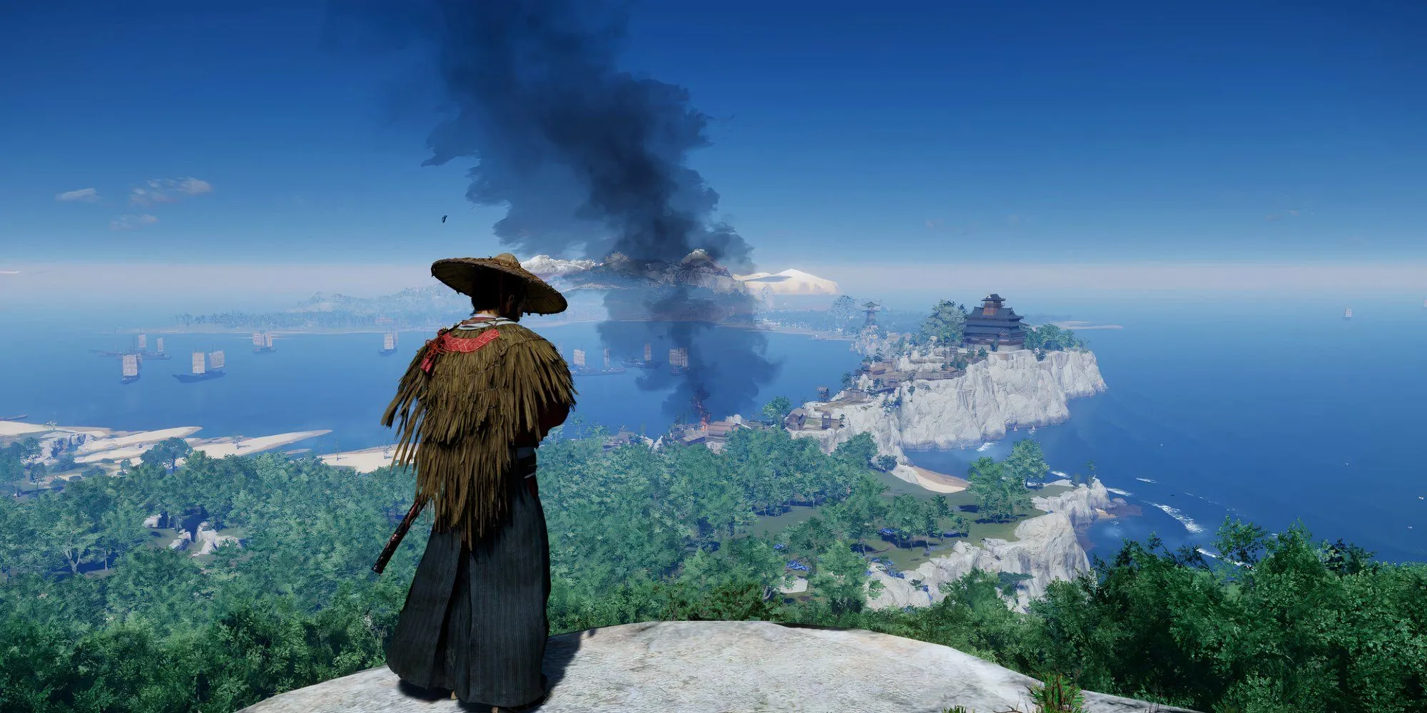 Jin Sakai đứng trên vách núi nhìn ra phong cảnh rộng lớn trong Ghost of Tsushima, thể hiện thế giới mở đẹp mắt