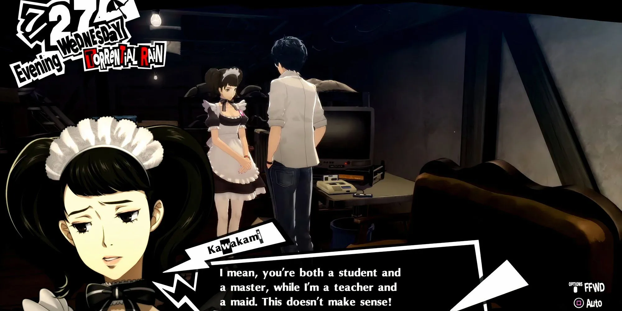 Nhân vật Joker (nhân vật chính trong Persona 5) với mái tóc đen xoăn và kính đang đứng đối diện với Sadayo Kawakami, một người phụ nữ đeo kính với mái tóc đen và áo len màu cam, trong một khung cảnh học đường.