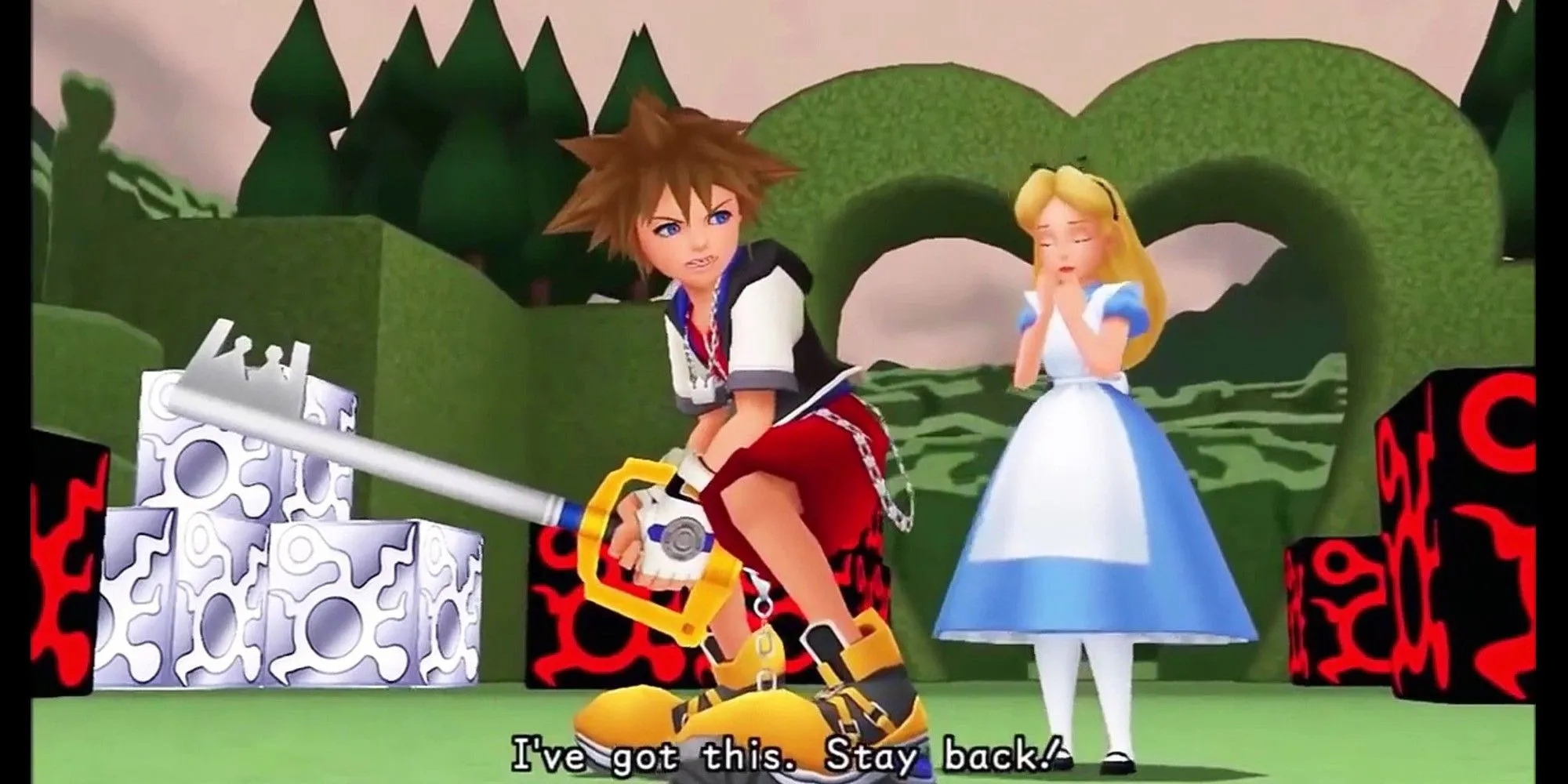 Sora bảo vệ Alice tại thế giới Xứ sở Thần tiên (Wonderland) trong Kingdom Hearts 1