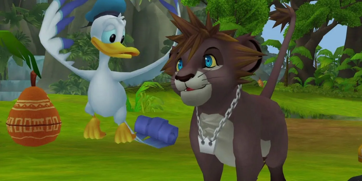 Sora hóa thân thành sư tử con tại Vùng đất Kiêu hãnh (Pride Lands) trong Kingdom Hearts 2
