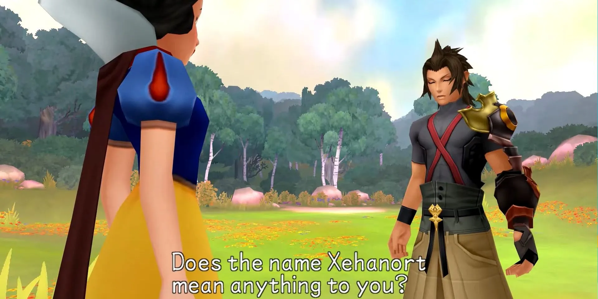 Terra trò chuyện với Nàng Bạch Tuyết tại Rừng Lùn (Dwarf Woodlands) trong Kingdom Hearts Birth by Sleep