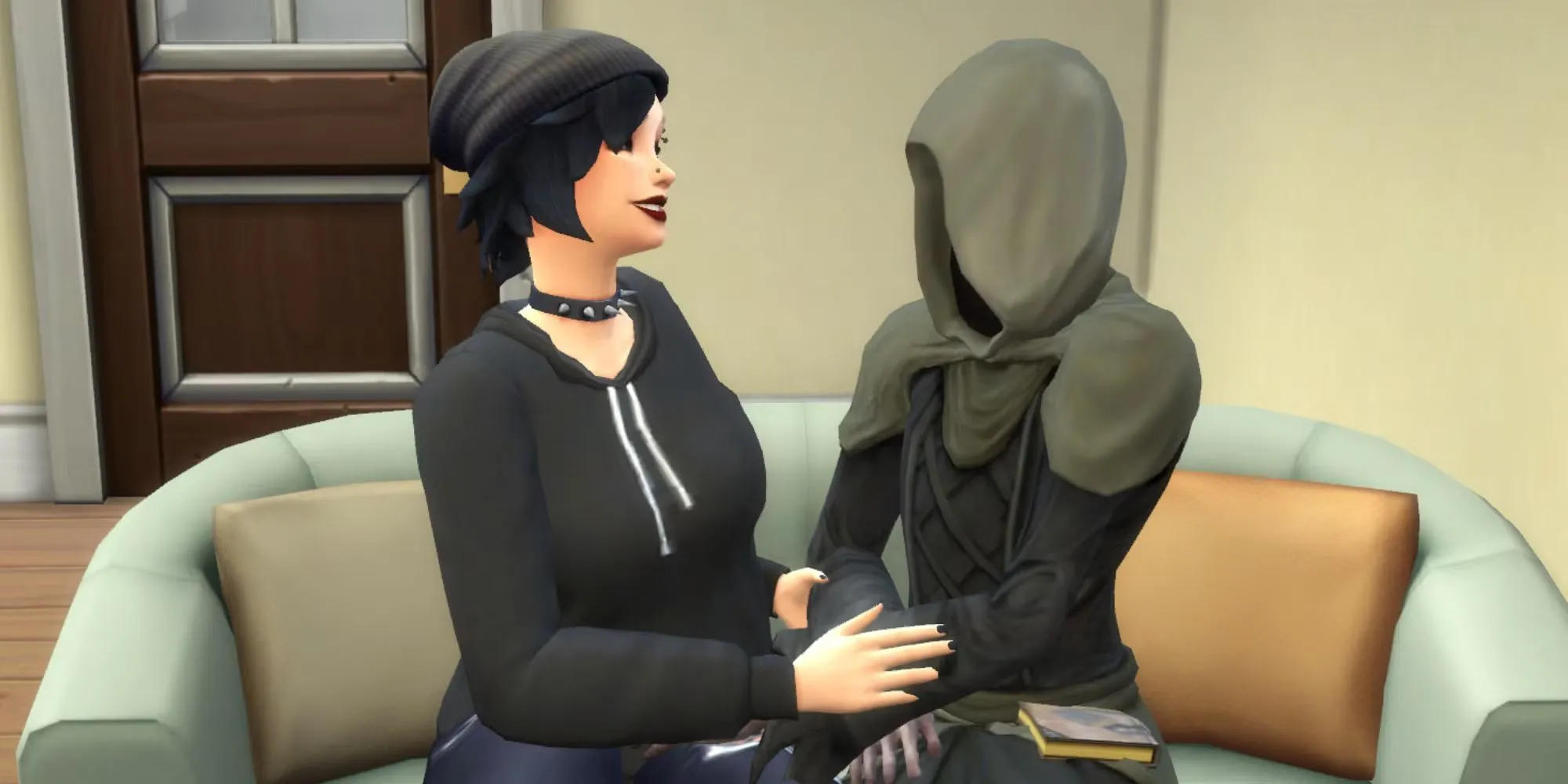 Thần Chết từ The Sims, một hình dáng đen trùm đầu với lưỡi hái, đang đứng cạnh một Sim trong bối cảnh ngôi nhà trong game. Có biểu tượng trái tim lơ lửng giữa họ, ám chỉ một mối quan hệ lãng mạn đang phát triển.