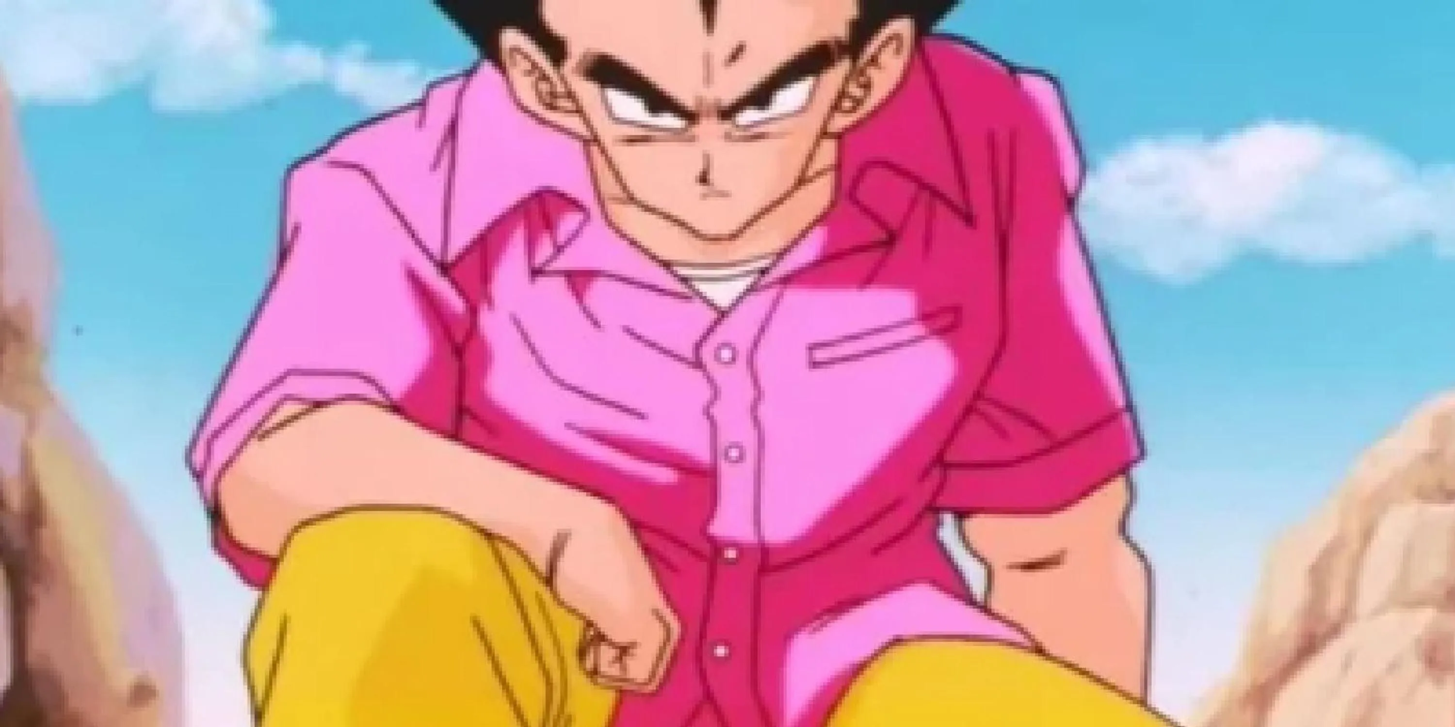 Vegeta mặc áo hồng và quần vàng với dòng chữ BADMAN sau lưng