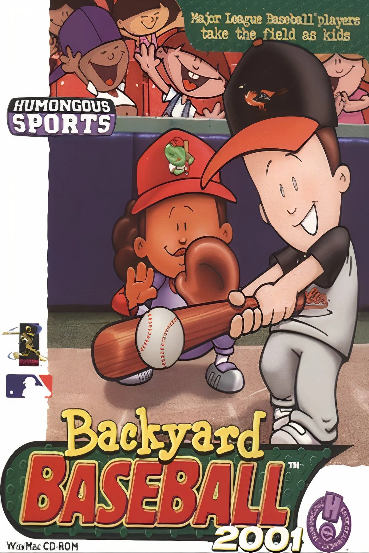 Ảnh cắt ghép quảng bá game Backyard Baseball, với logo và các nhân vật hoạt hình
