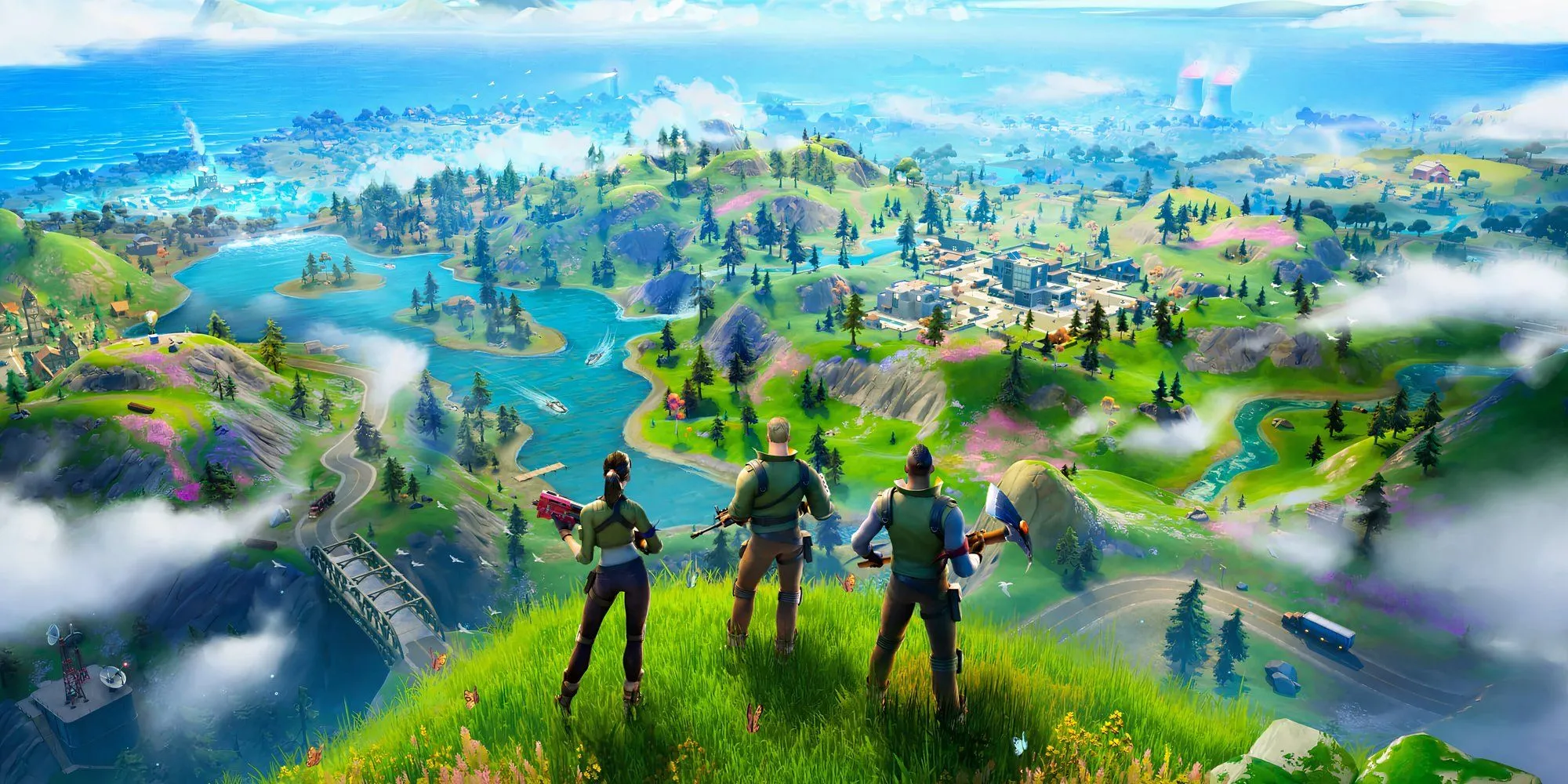 Bản đồ Fortnite Island nhìn từ trên cao, biểu tượng cho sức sáng tạo của cộng đồng game thủ và tiềm năng kinh tế từ các bản đồ fan-made như The Pit.