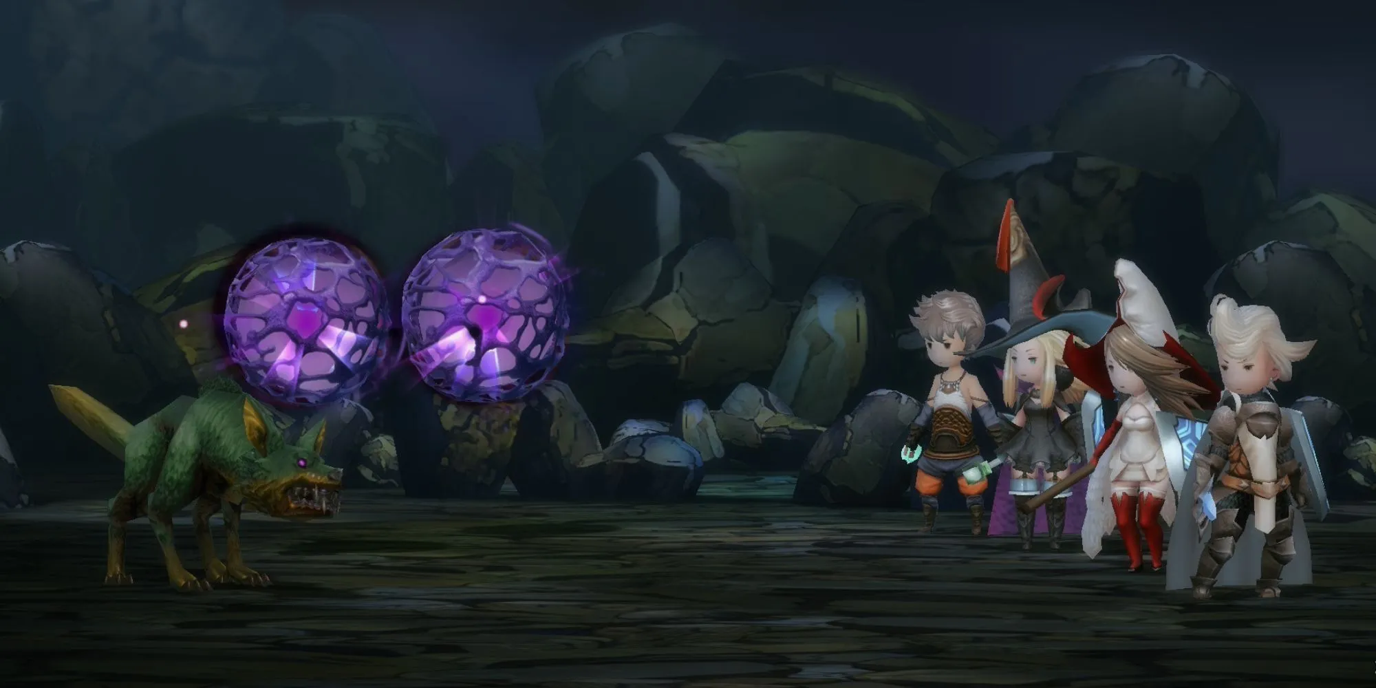 Bắt đầu trận chiến trong Bravely Default HD Remaster, hiển thị thông báo kẻ địch xuất hiện.