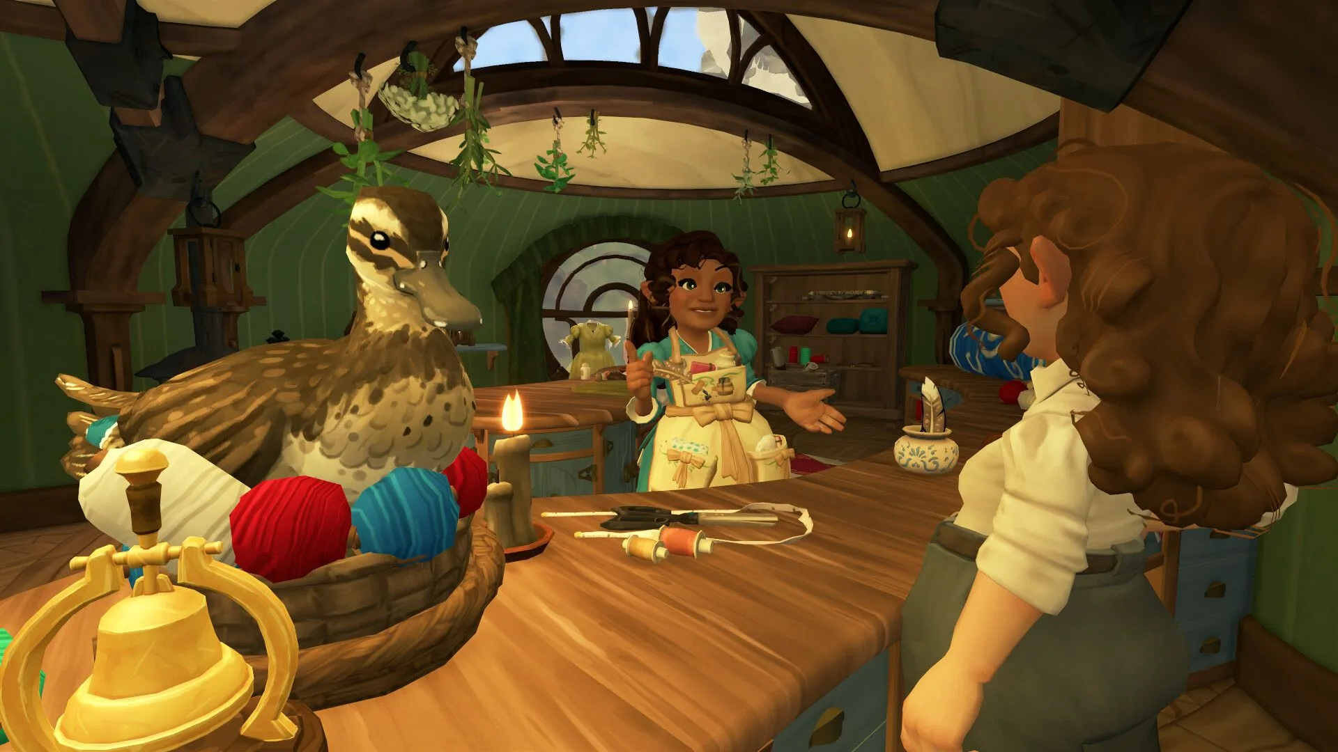 Bên trong ngôi nhà Hobbit, một nhân vật đang chuẩn bị bữa ăn, thể hiện hệ thống nấu ăn trong Tales of the Shire.