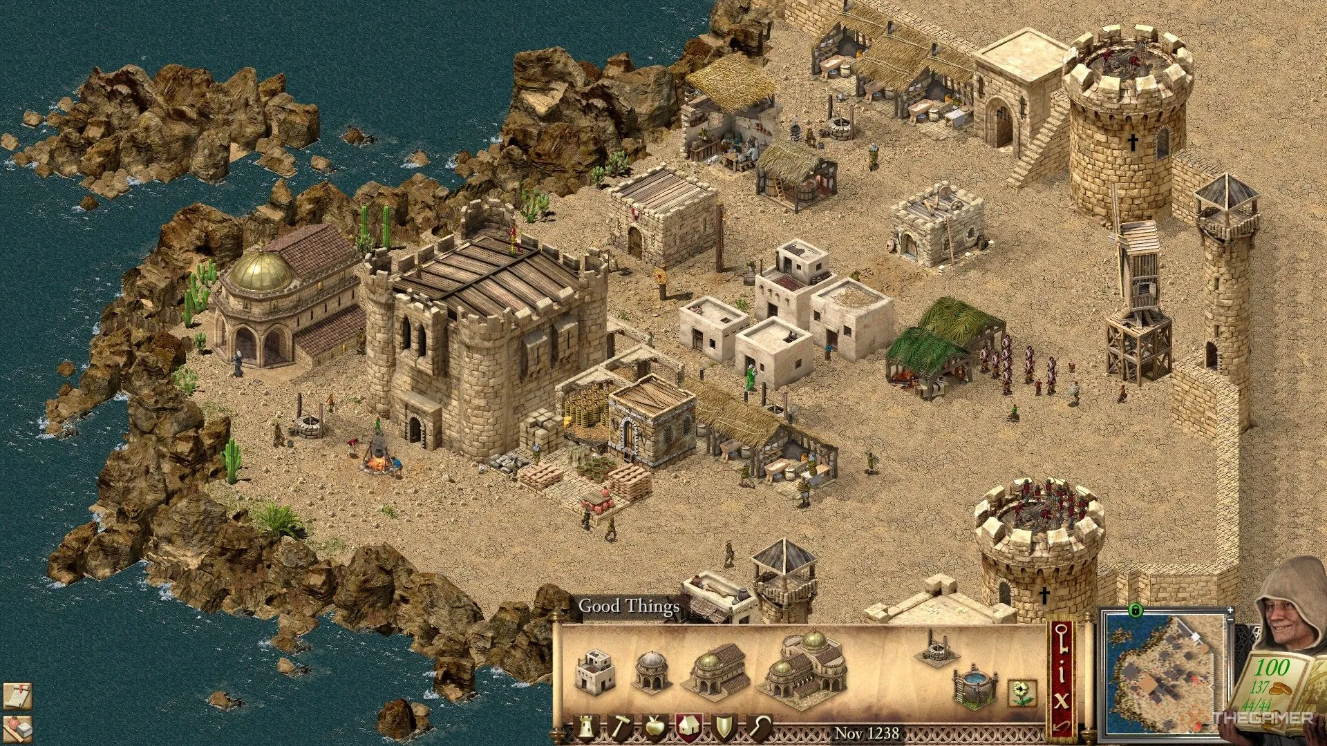Bố cục khởi đầu một pháo đài với các công trình thiết yếu và kho bãi trong Stronghold Crusader Definitive Edition.
