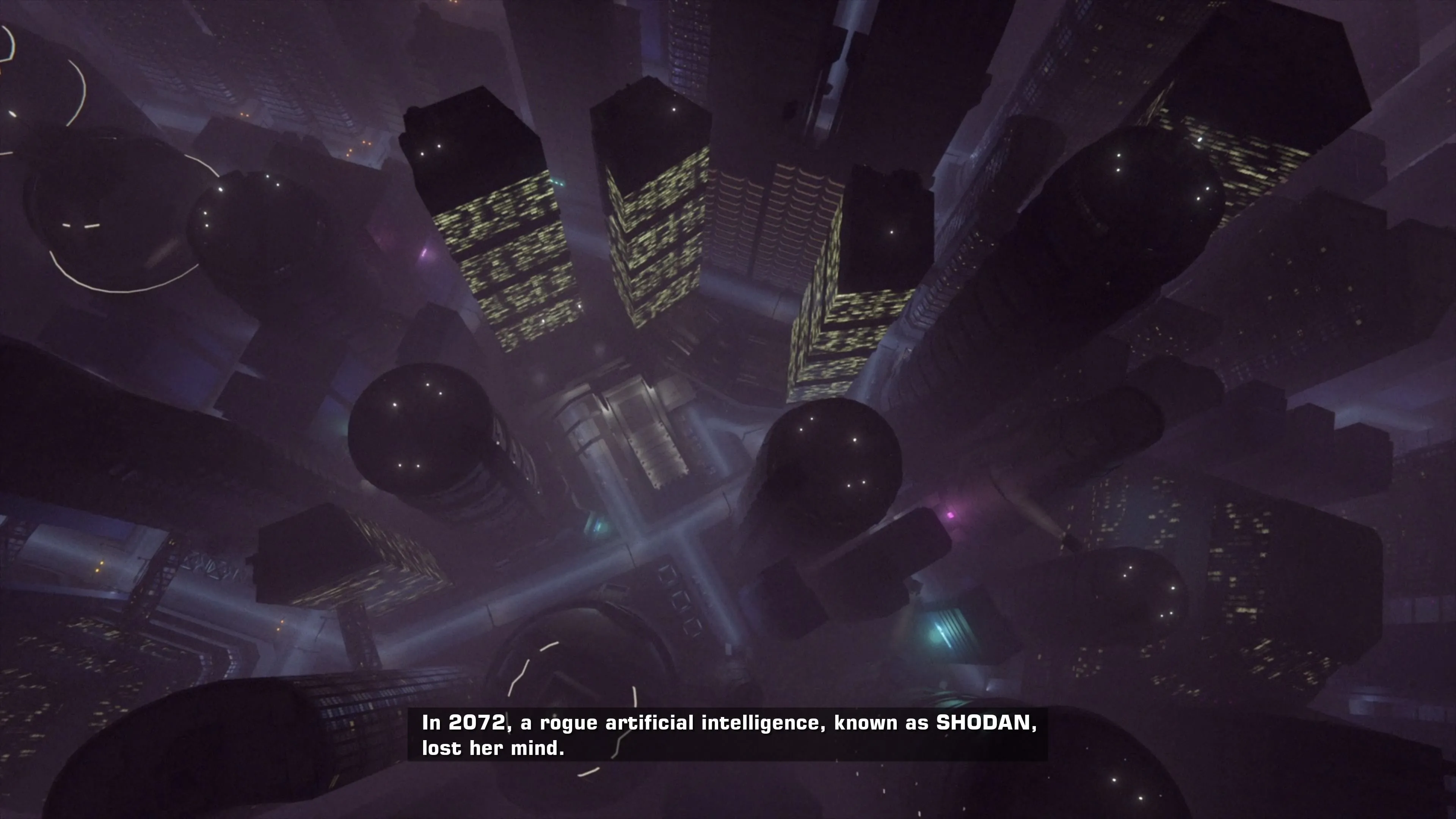 Bối cảnh thành phố tương lai trong System Shock 2 Remaster, thể hiện không khí khoa học viễn tưởng