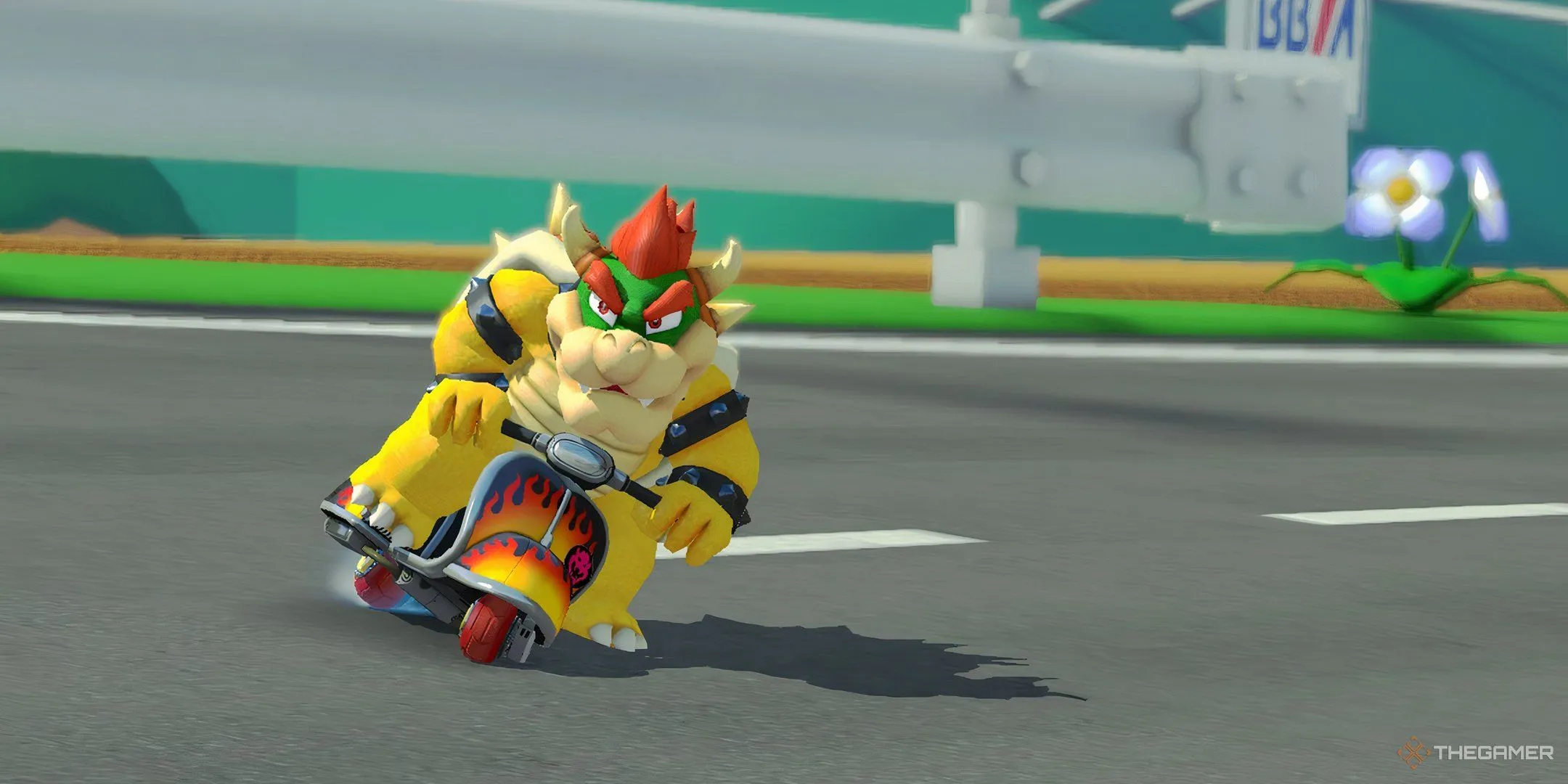 Bowser biểu diễn kỹ năng drift trên đường đua trong chế độ Grand Prix của Mario Kart 8 Deluxe