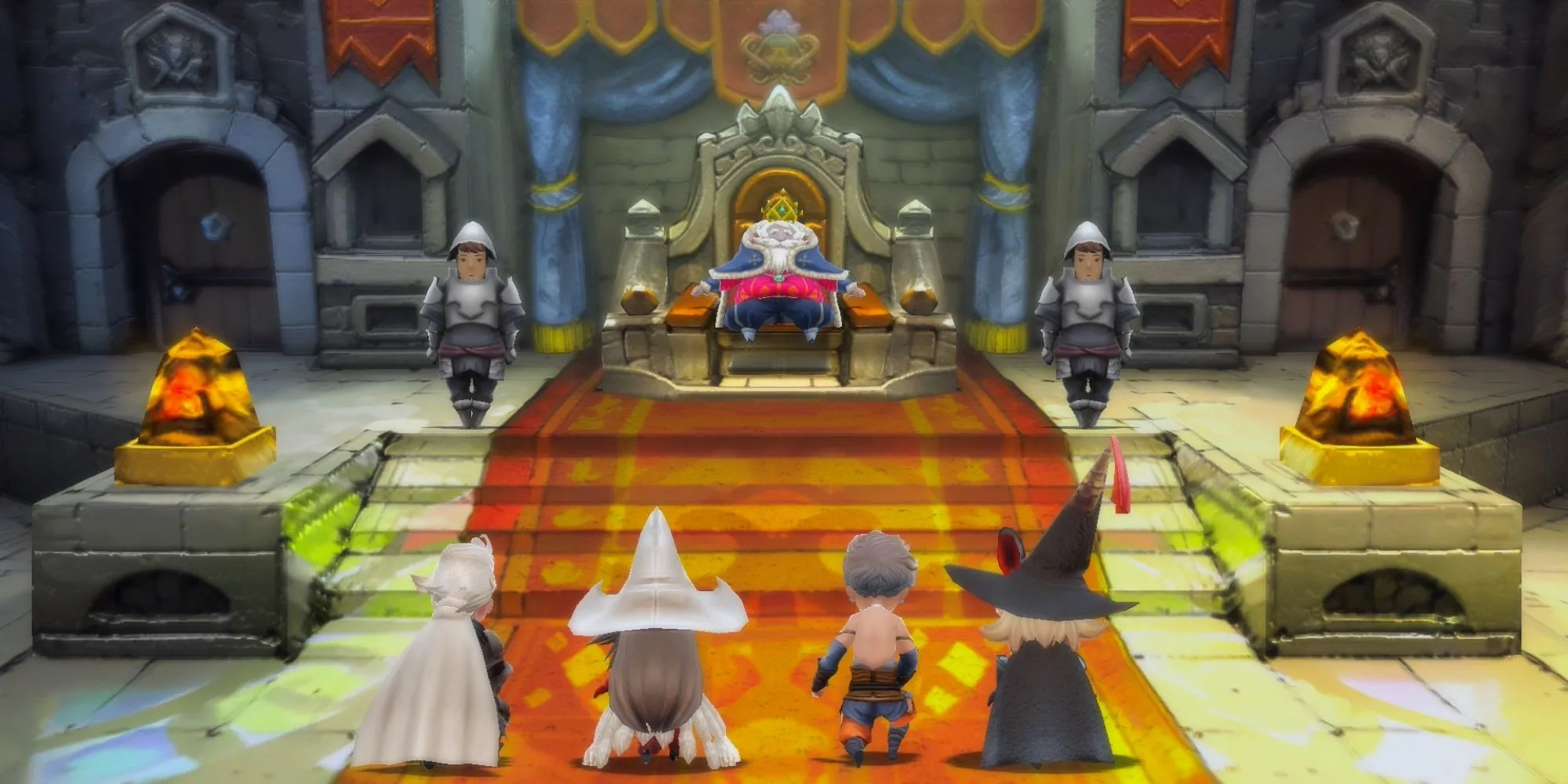 Cảnh cắt (cutscene) trong Bravely Default HD Remaster với các nhân vật chính Tiz, Agnes, Ringabel, Edea.
