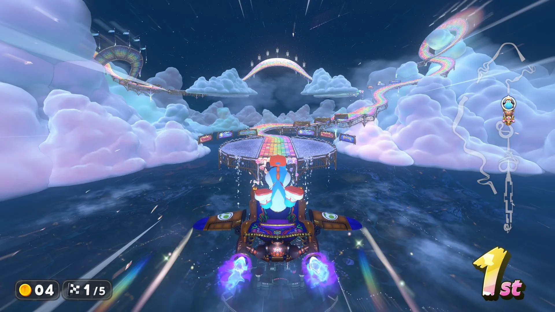 Cảnh đua trên đường đua Rainbow Road đầy màu sắc trong Mario Kart World
