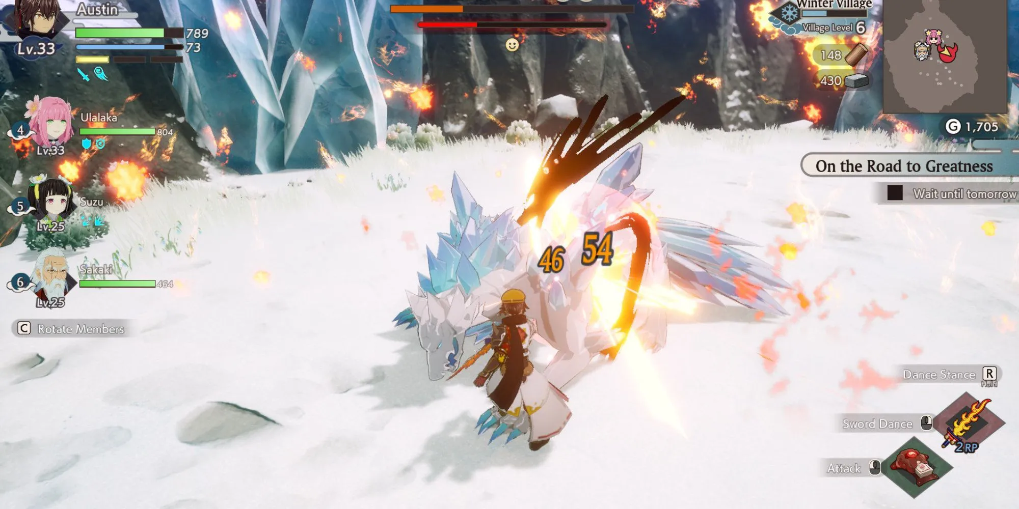 Cảnh người chơi chiến đấu với trùm Sói Trắng (White Wolf) trong game Rune Factory: Guardians of Azuma.