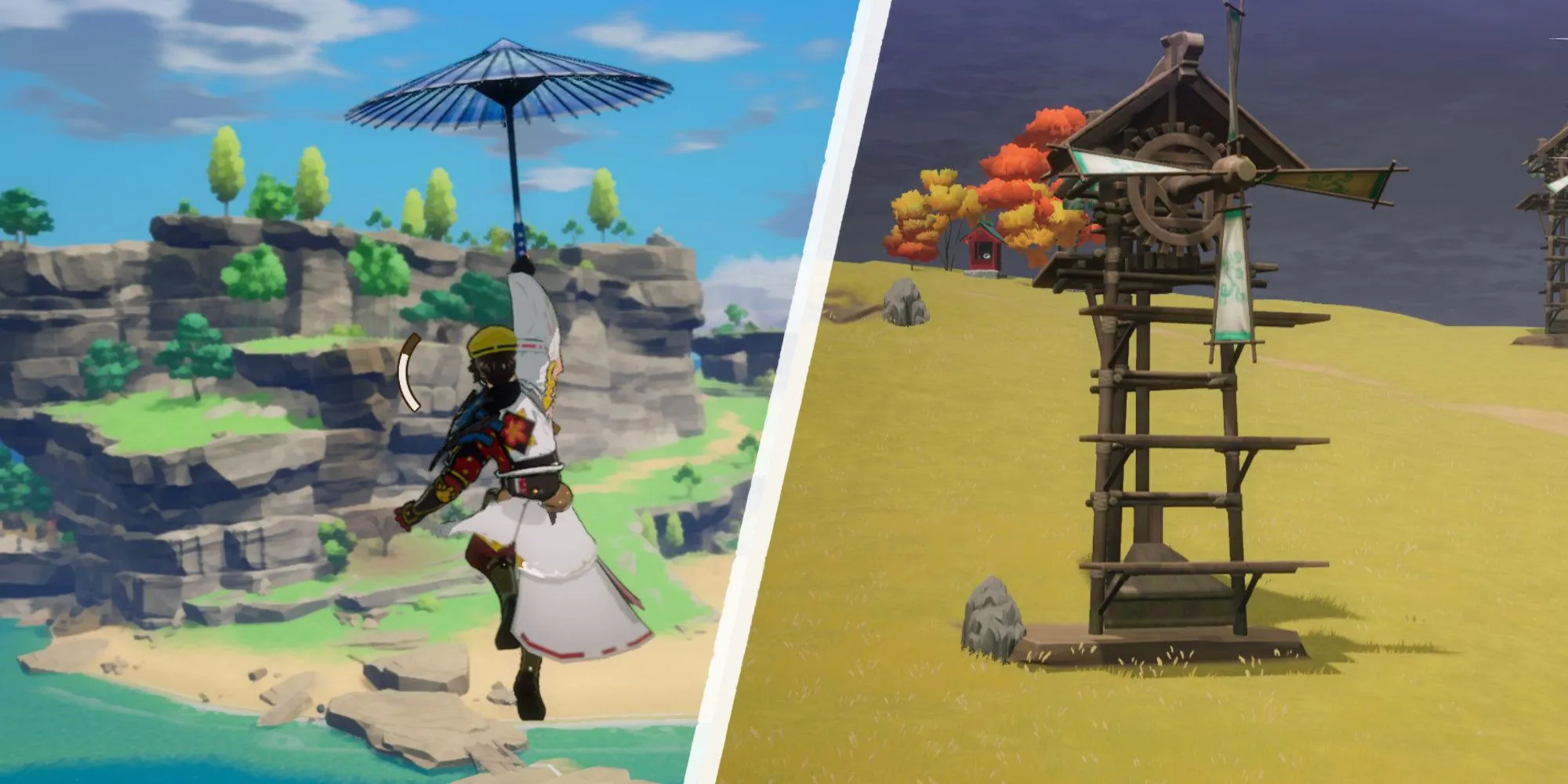 Cảnh người chơi lượn dù và leo lên cối xay gió khi khám phá thế giới trong game Rune Factory: Guardians of Azuma.