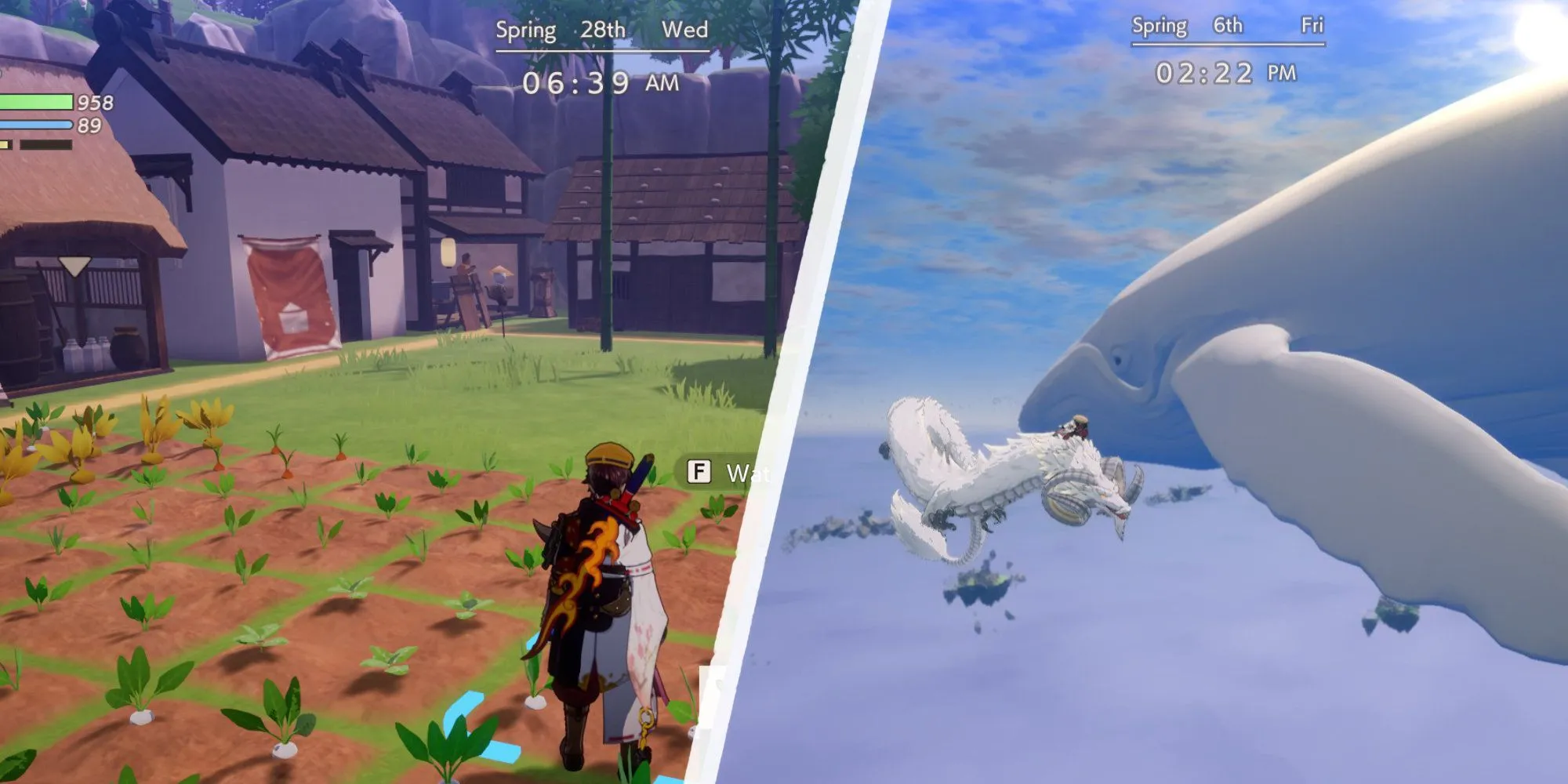 Cảnh người chơi xây dựng một ngôi làng và bay gần một con cá voi trong game Rune Factory: Guardians of Azuma.