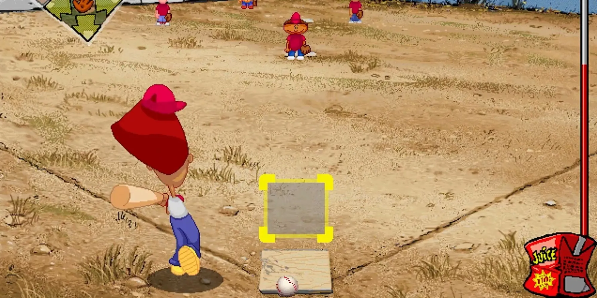Cảnh trong game Backyard Baseball 2001: Cầu thủ chuẩn bị đánh bóng trên sân