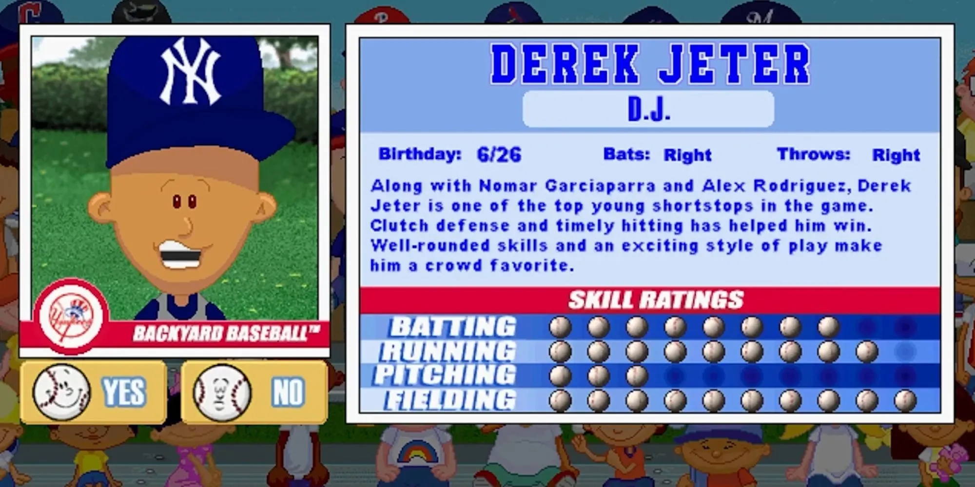 Chân dung cầu thủ Derek Jeter trong game Backyard Baseball 2001, với hình ảnh hoạt hình đặc trưng