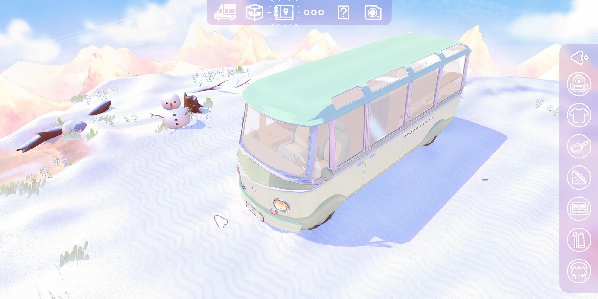 Chiếc camper van đậu trên đỉnh núi trong game mô phỏng Camper Van Make it Home, thể hiện các địa điểm trong game