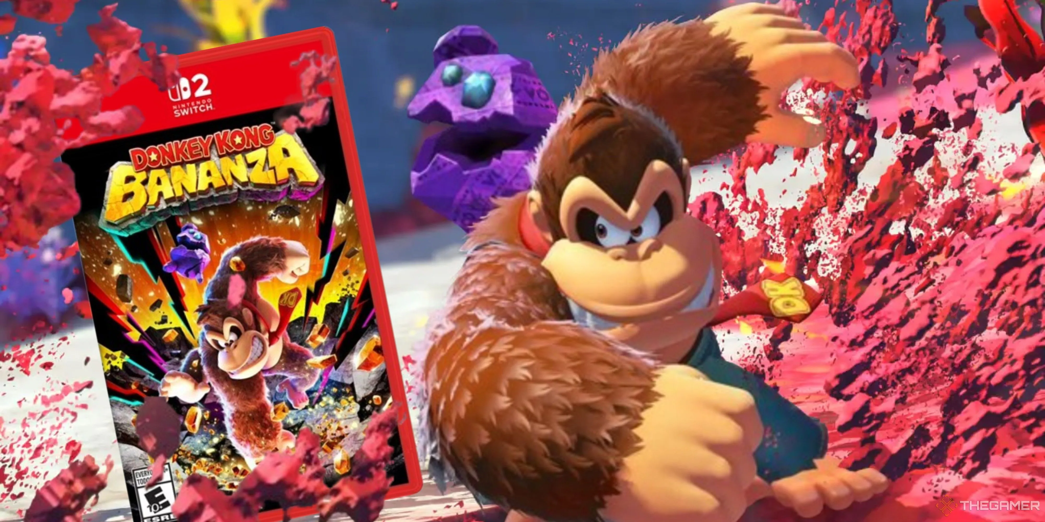 Donkey Kong đang đấm vào logo game Donkey Kong Bananza, thể hiện yếu tố phá hủy trong trò chơi.