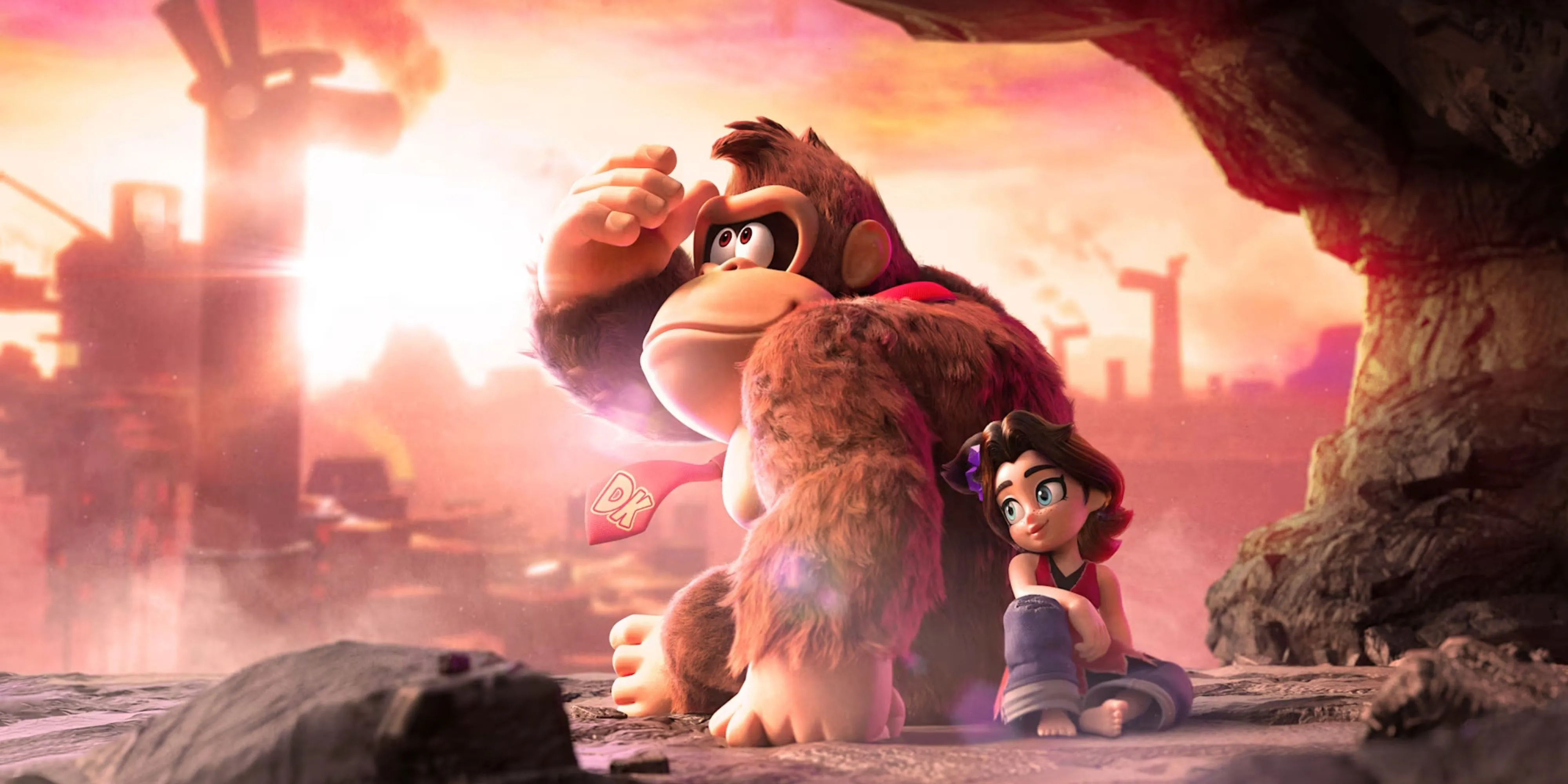 Donkey Kong và Pauline ngồi tựa lưng vào nhau trong một phân cảnh của Donkey Kong Bananza.