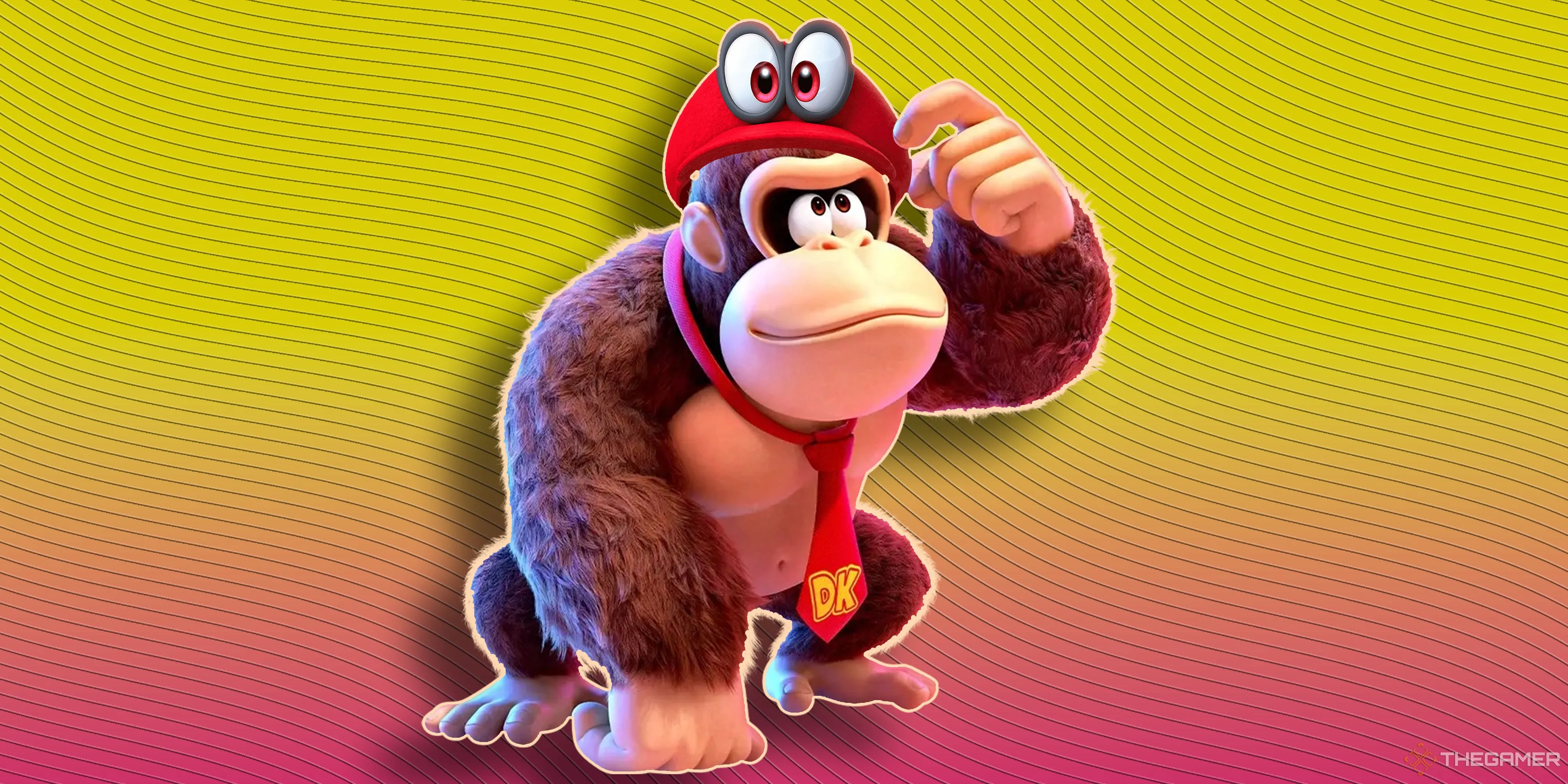 Donkey Kong với chiếc mũ Cappy của Mario Odyssey trong phong cách đồ họa của Donkey Kong Bananza