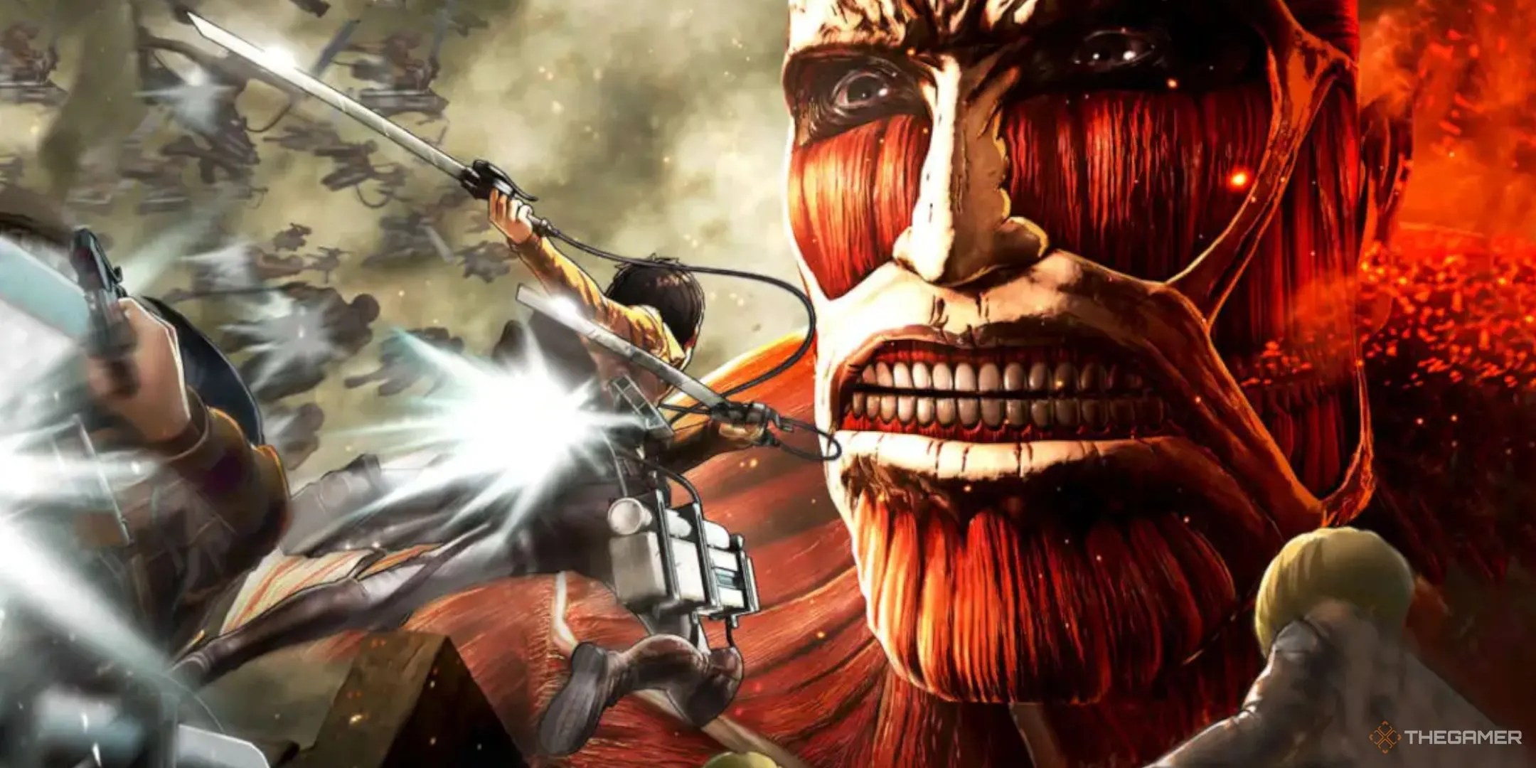 Eren sử dụng Thiết bị Cơ động Đa hướng (ODM Gear) để tiếp cận Colossal Titan trong Attack On Titan Wings Of Freedom