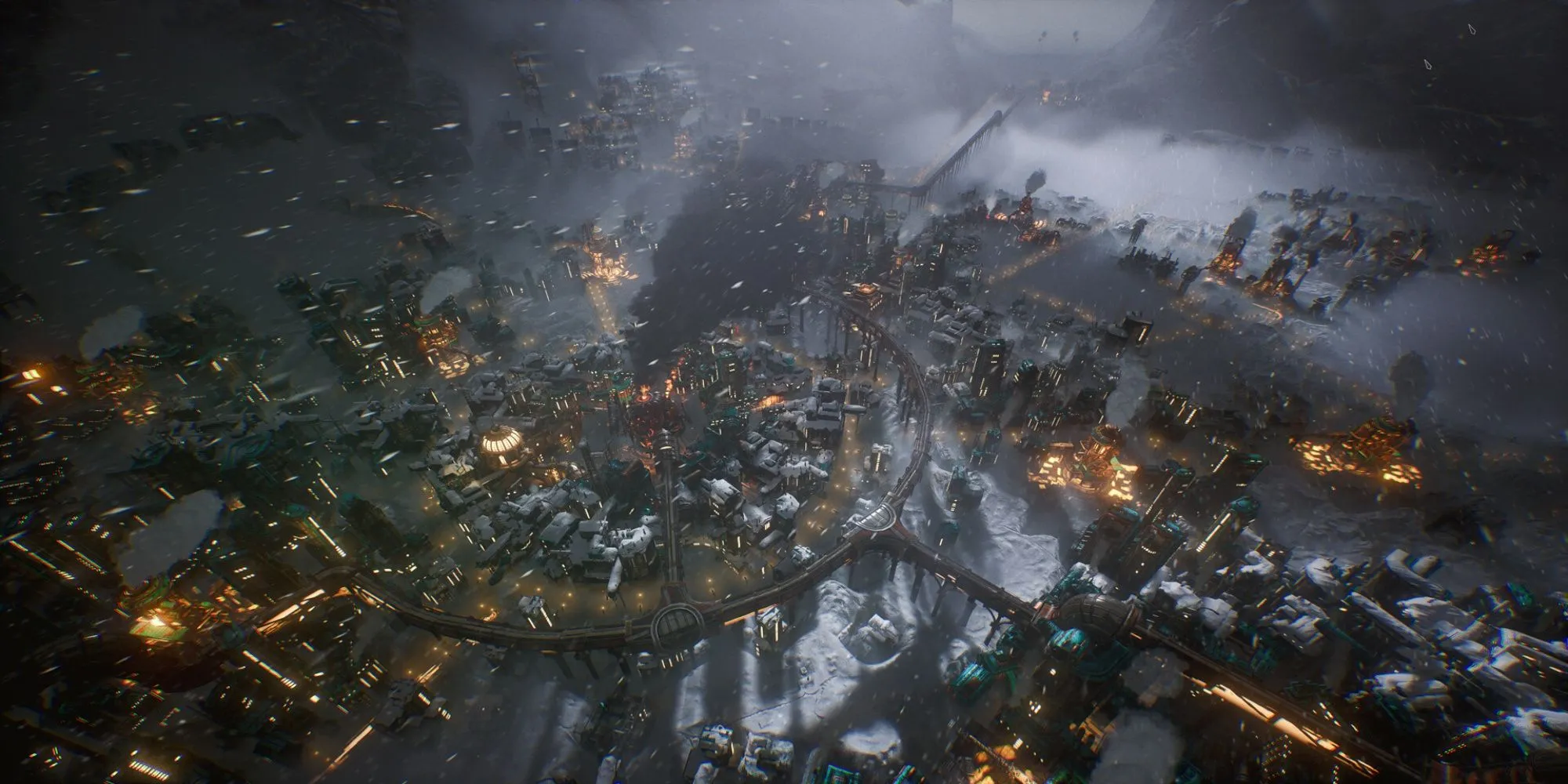 Gameplay Frostpunk 2 trên Steam, thể hiện quy mô thành phố và cảnh quan băng giá với các công trình kiến trúc lớn