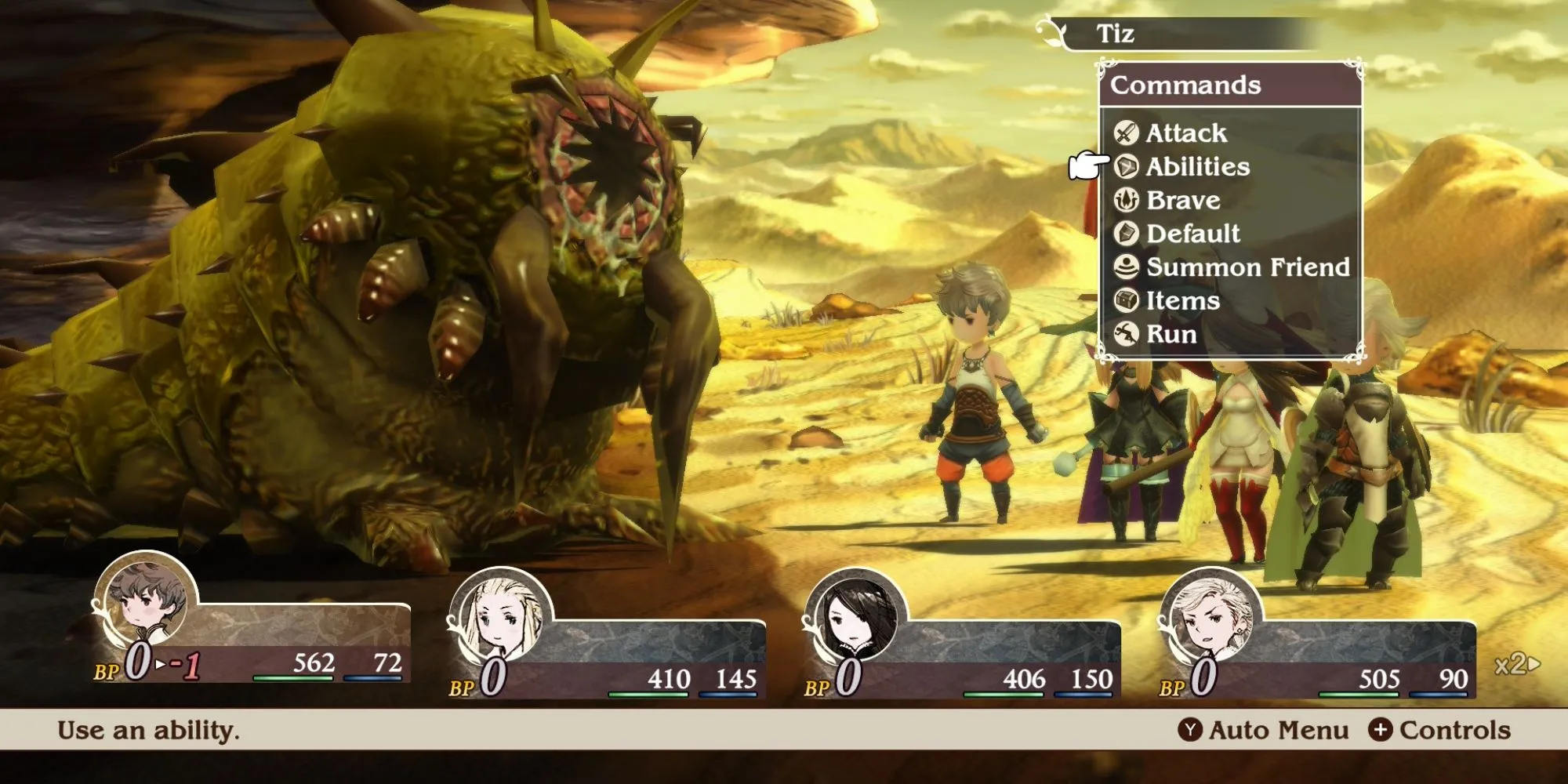 Giao diện chiến đấu trong Bravely Default Flying Fairy HD Remaster, hiển thị party đang đối đầu với quái vật.