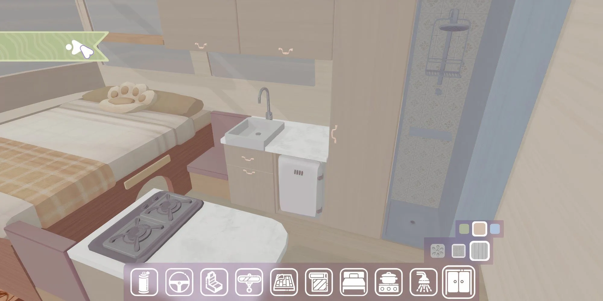 Giao diện hoàn thành thiết kế nội thất trong game Camper Van Make it Home, nhấn mạnh đồ họa tối giản và thư giãn