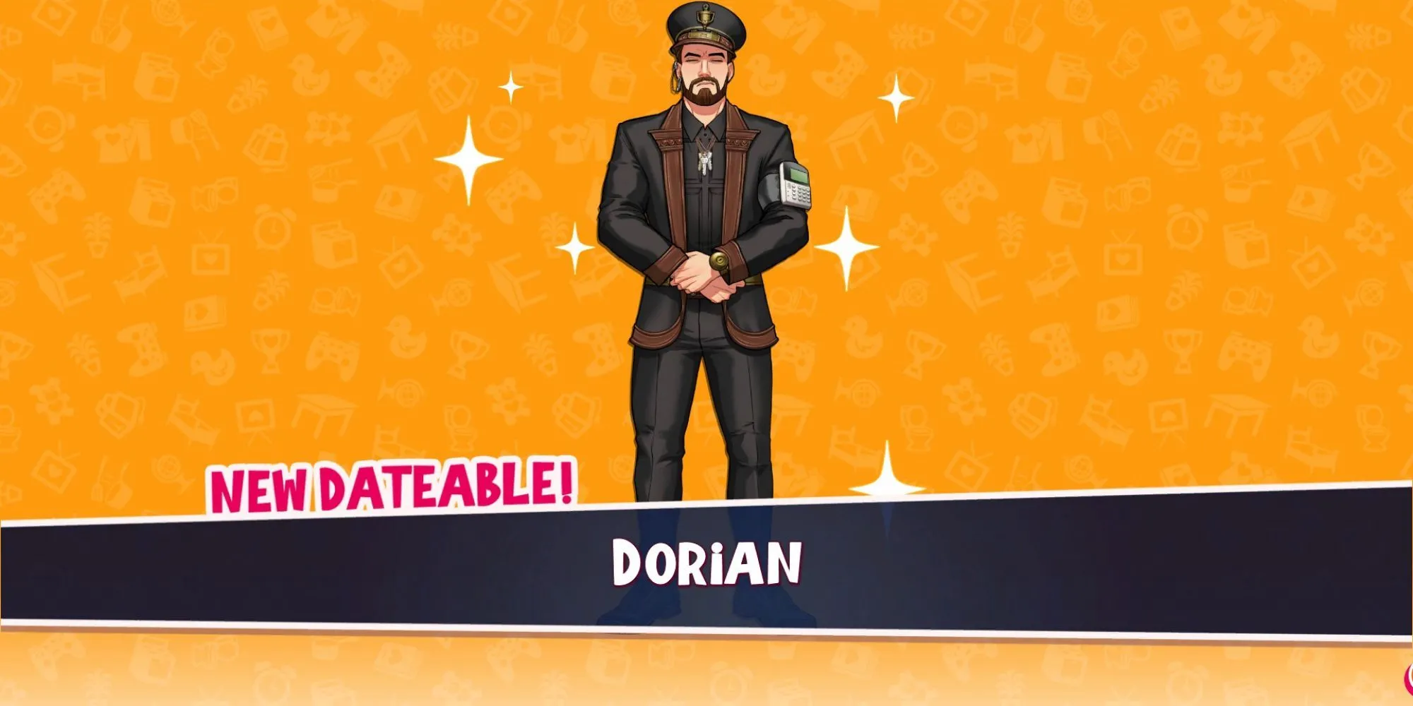Giao diện người dùng trong game Date Everything! cho thấy màn hình điện thoại ảo của người chơi, hiển thị các tùy chọn menu như Dateables, Stats, Roomers, Collectibles và Settings.