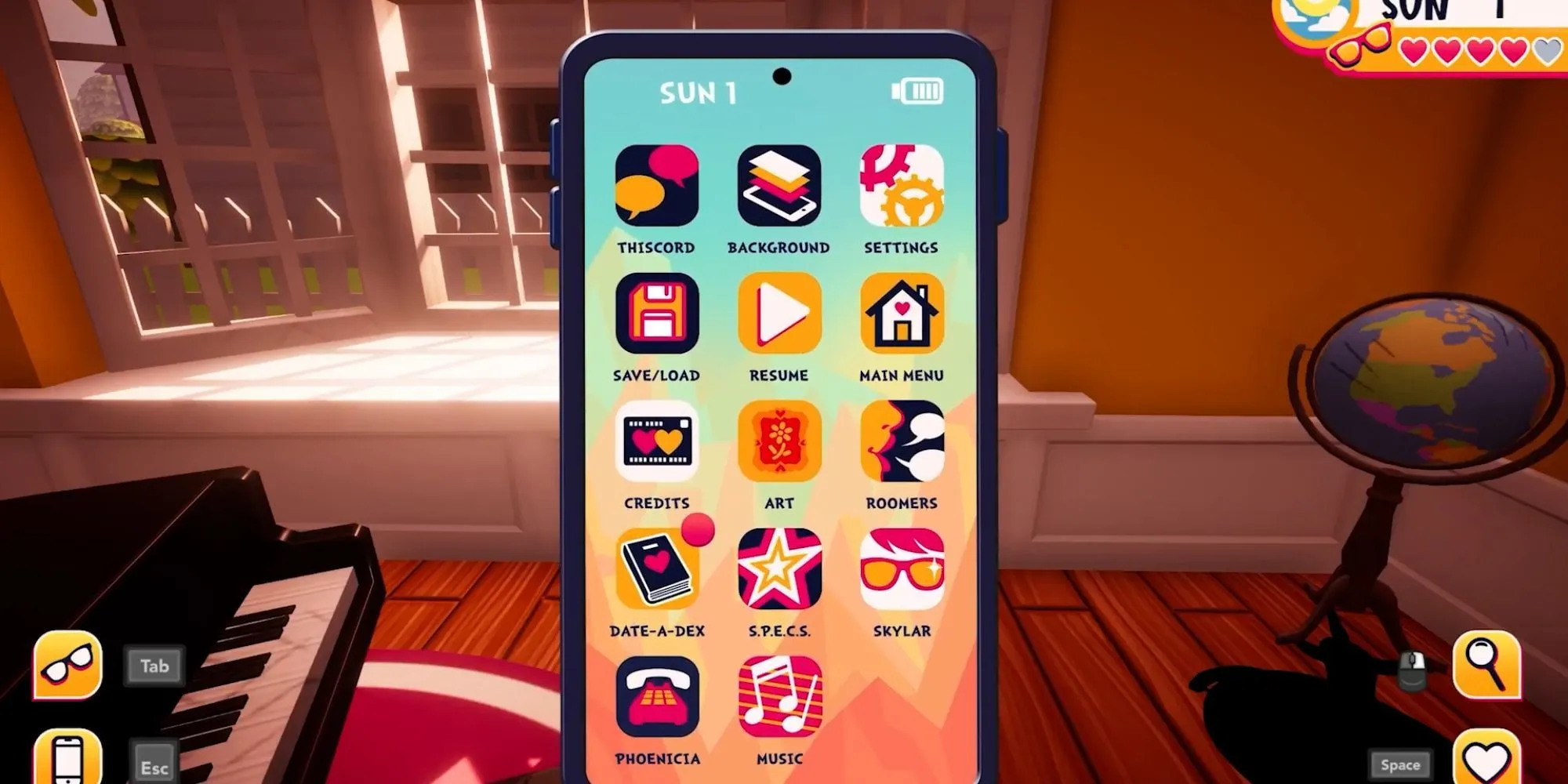 Giao diện người dùng trong game Date Everything! hiển thị màn hình menu, được tích hợp vào giao diện điện thoại ảo của người chơi, với nhiều tùy chọn khác nhau.