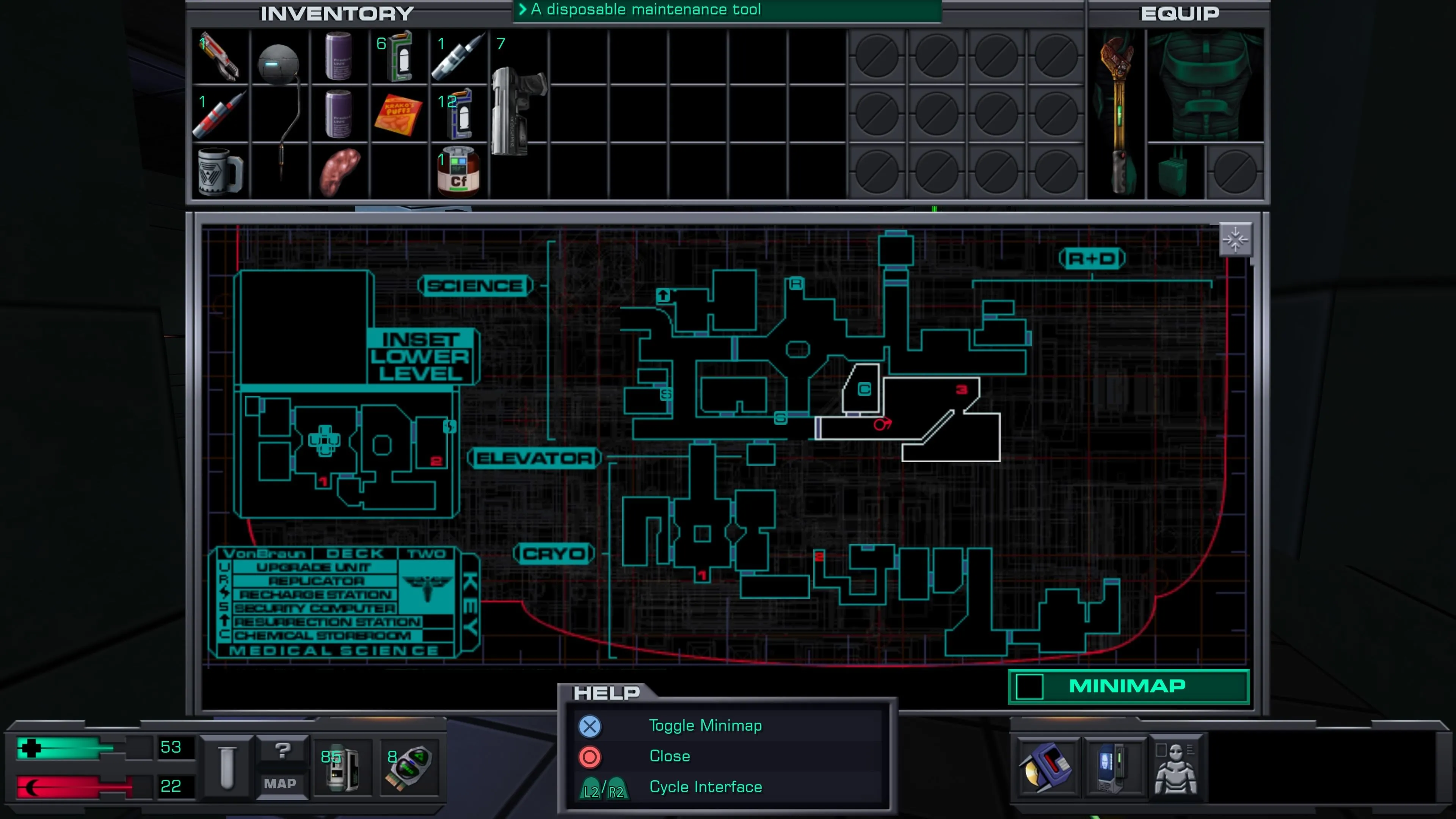 Giao diện quản lý nhân vật và trang bị trong System Shock 2, khá rườm rà theo phong cách game cũ