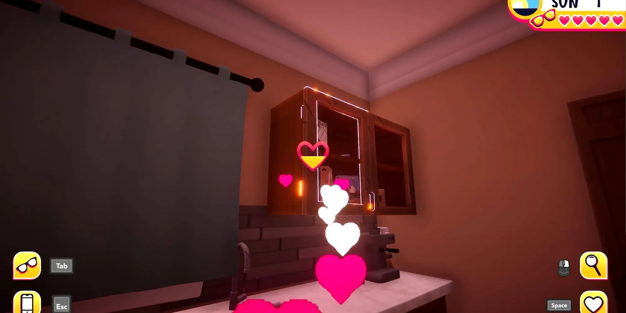 Góc nhìn từ góc thứ ba trong game Date Everything! cho thấy nhân vật người chơi đang nhìn chằm chằm vào một vật thể được nhân hóa (có thể là một chiếc máy hút bụi được nhân hóa) trong một căn phòng.