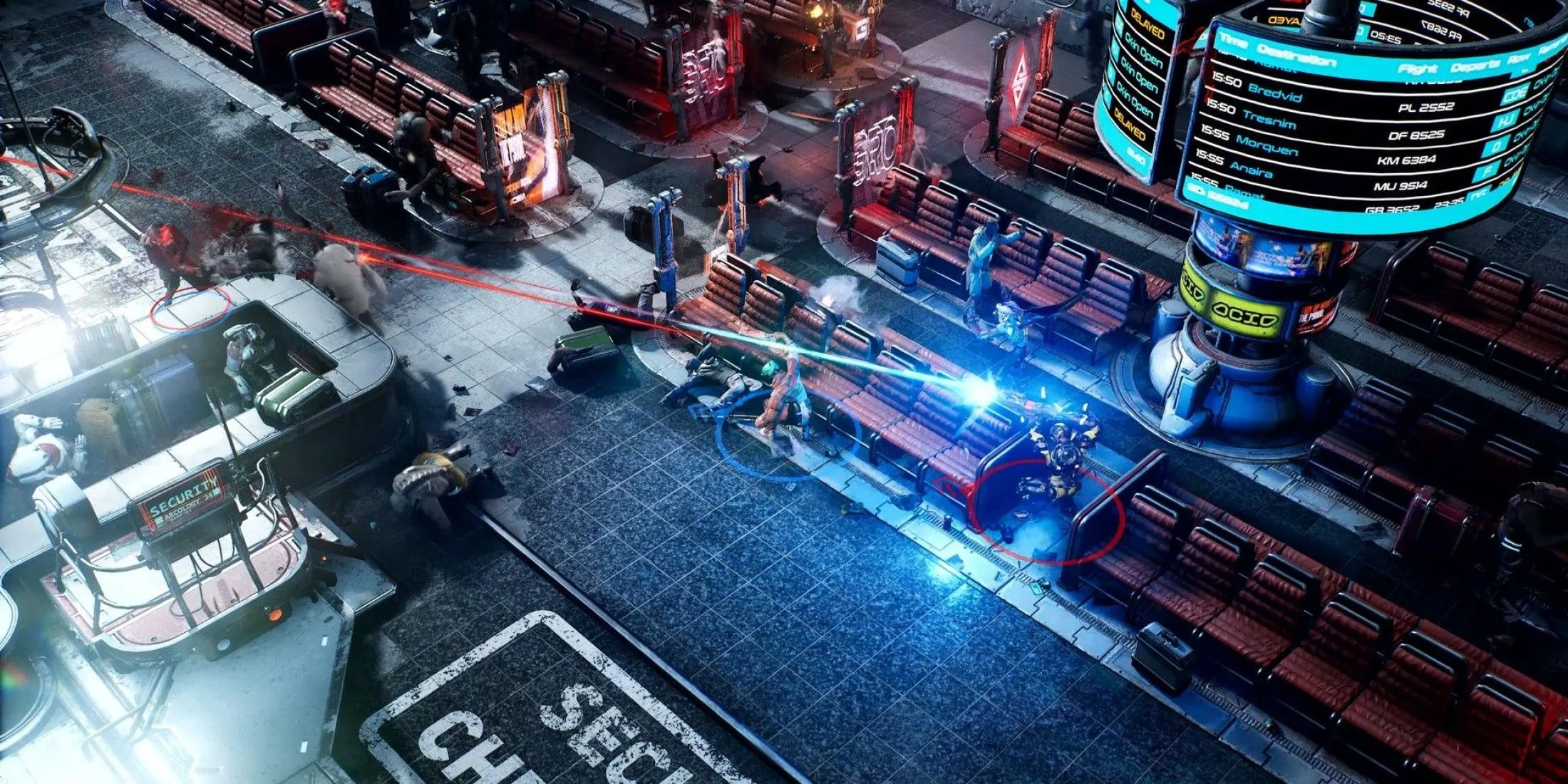 Hai người chơi trong The Ascent chiến đấu với kẻ thù trong môi trường cyberpunk