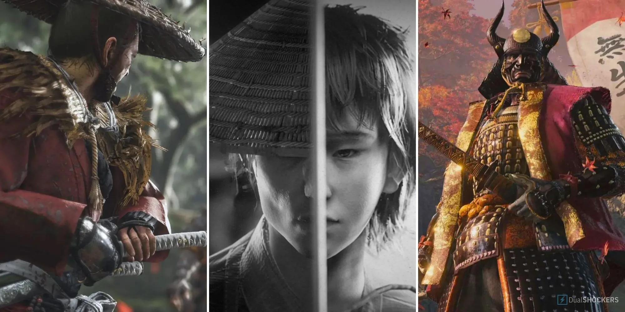 Hình ảnh ba nhân vật chính từ các game Ghost of Tsushima, Trek to Yomi, Sekiro Shadows Die Twice lấy bối cảnh Nhật Bản thời phong kiến.
