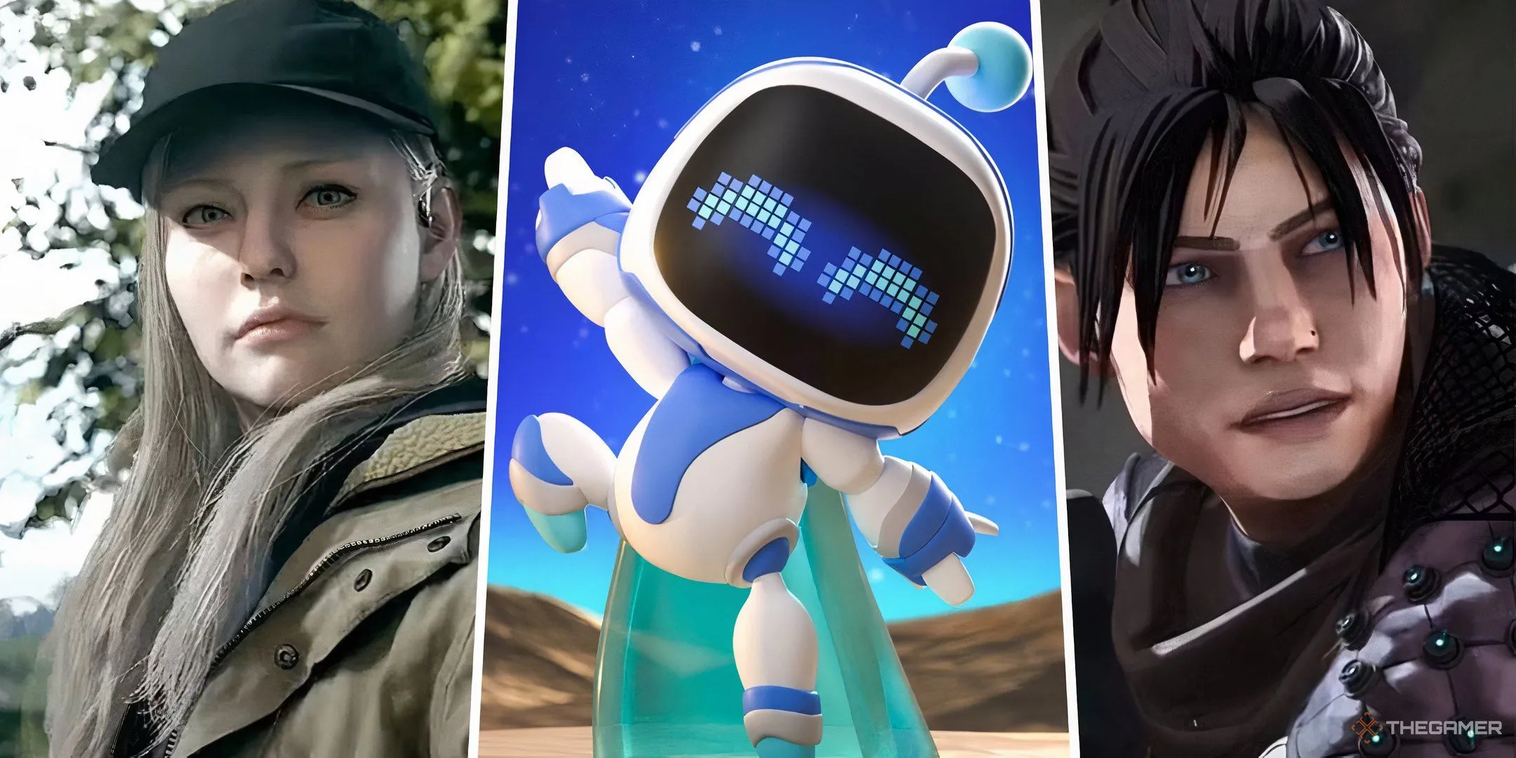 Hình ảnh ba nhân vật từ Resident Evil, Astro Bot và Apex Legends, biểu tượng cho sự đa dạng thể loại game
