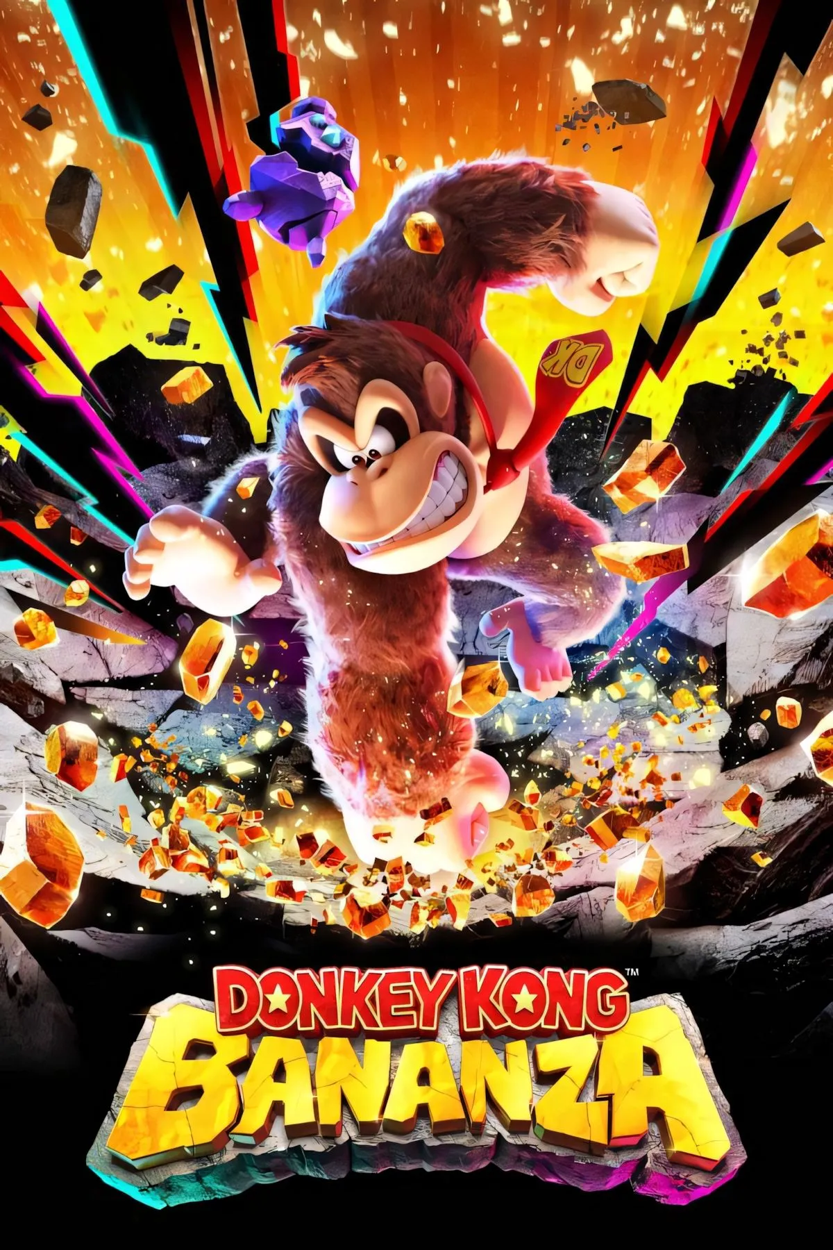Hình ảnh bìa chính thức của game Donkey Kong Bananza, minh họa Donkey Kong cùng các Kong khác trong một môi trường rừng nhiệt đới sôi động, tượng trưng cho thế giới phiêu lưu mới.