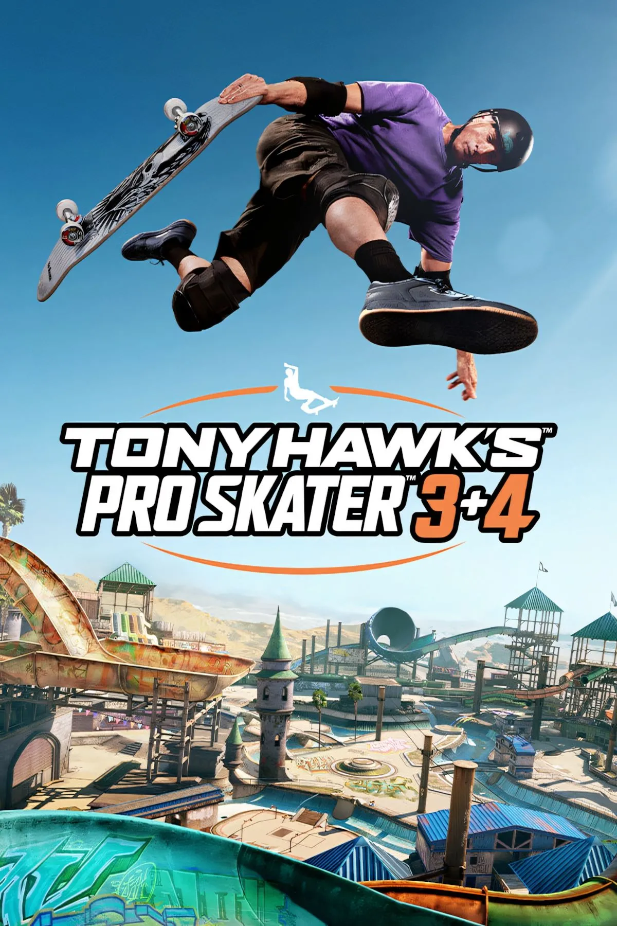Hình ảnh bìa của Tony Hawk's Pro Skater 3 + 4, thể hiện một vận động viên trượt ván đang thực hiện cú lượn trên không.