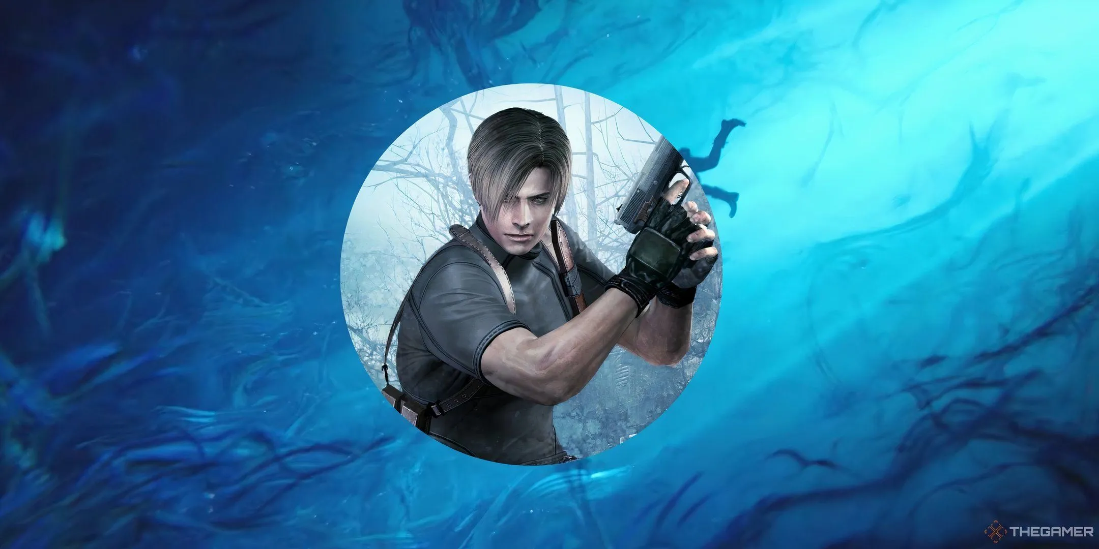 Hình ảnh cận cảnh khuôn mặt Leon Kennedy từ Resident Evil, thể hiện sự căng thẳng và kinh dị đặc trưng của game