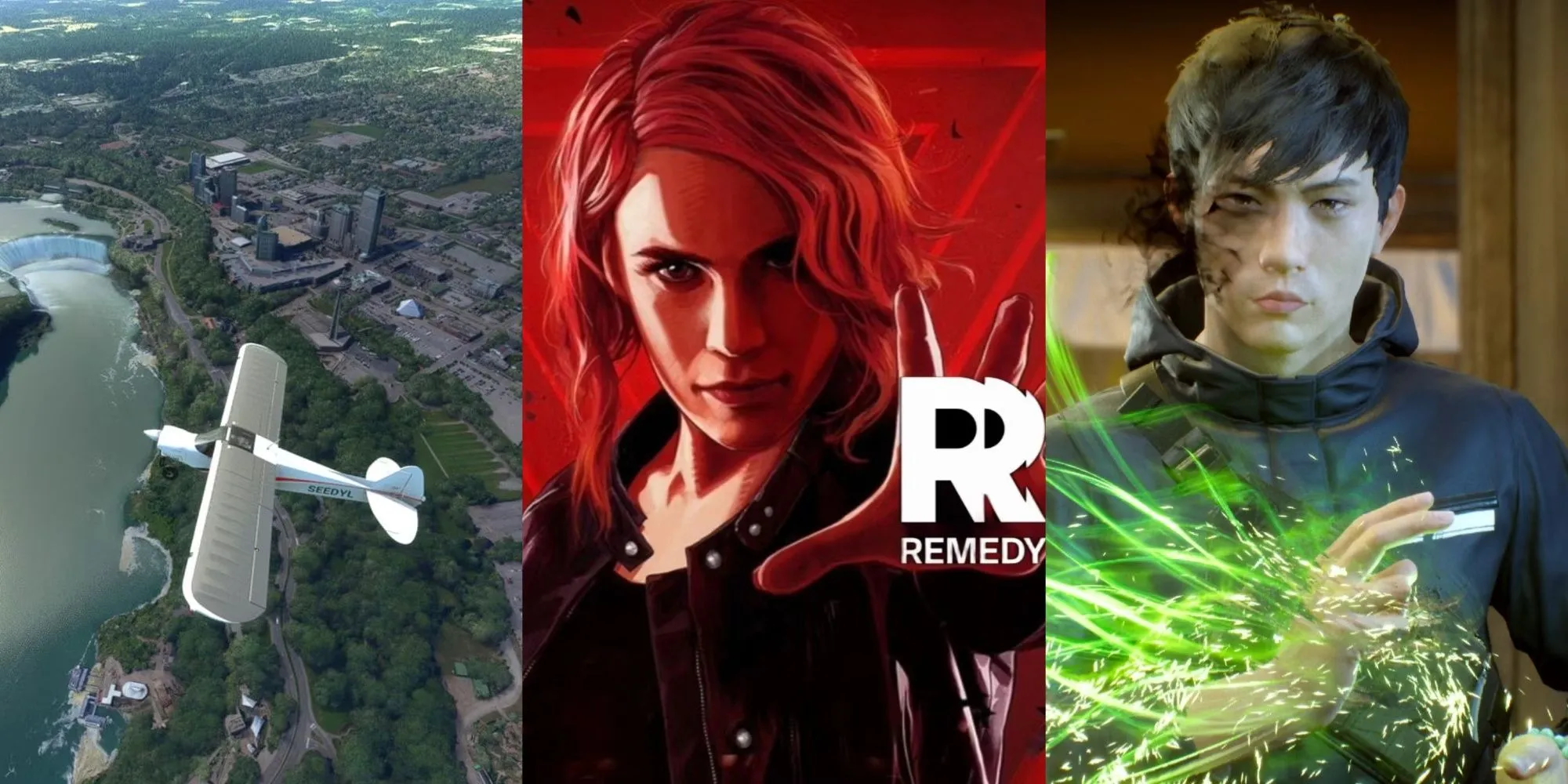 Hình ảnh logo game Death Rally và một phân cảnh từ Alan Wake 2, thể hiện sự đối lập về thể loại của Remedy Entertainment