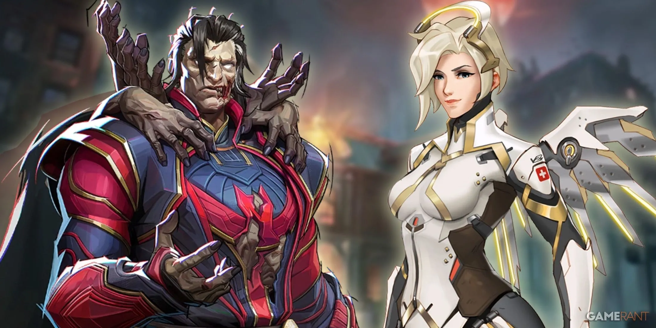 Hình ảnh so sánh giữa Doctor Strange trong Marvel Rivals và Mercy trong Overwatch 2 trên nền mờ