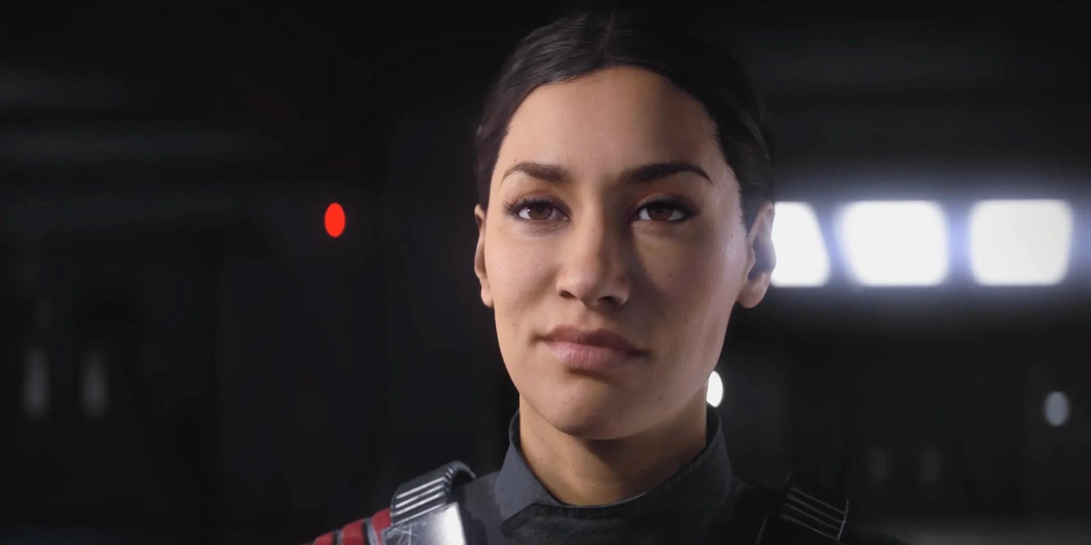 Iden Versio, sĩ quan Đế chế, trong một khoảnh khắc biểu cảm trên tàu vũ trụ trong chiến dịch Star Wars Battlefront 2