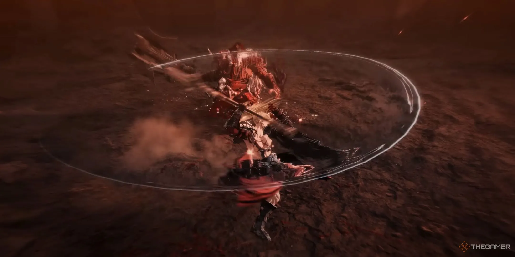 Khazan thực hiện đòn chém vòng cung với vũ khí trong game The First Berserker Khazan
