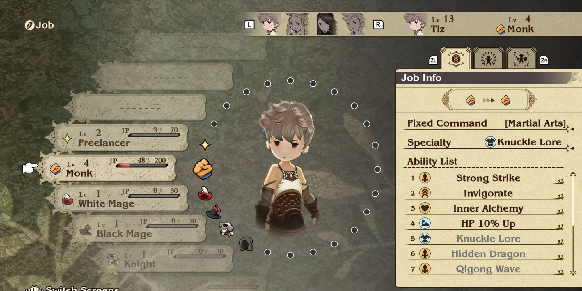 Màn hình chọn Job (Nghề nghiệp) trong Bravely Default HD Remaster, hiển thị danh sách các class.