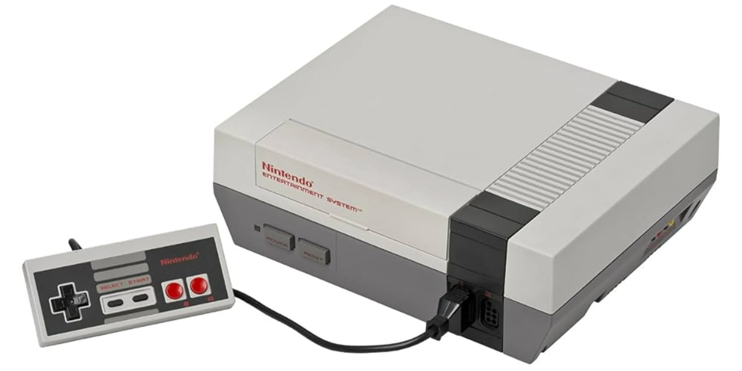 Máy chơi game Nintendo Entertainment System (NES) với một tay cầm đặc trưng